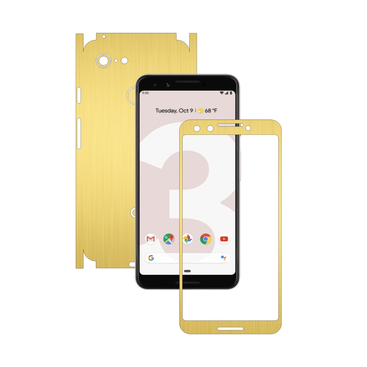 Folie de protectie Carbon Skinz pentru Google Pixel 3 - Brushed Auriu 360 Cut, Skin Adeziv Full Body Cover pentru Rama Ecran, Carcasa Spate si Laterale