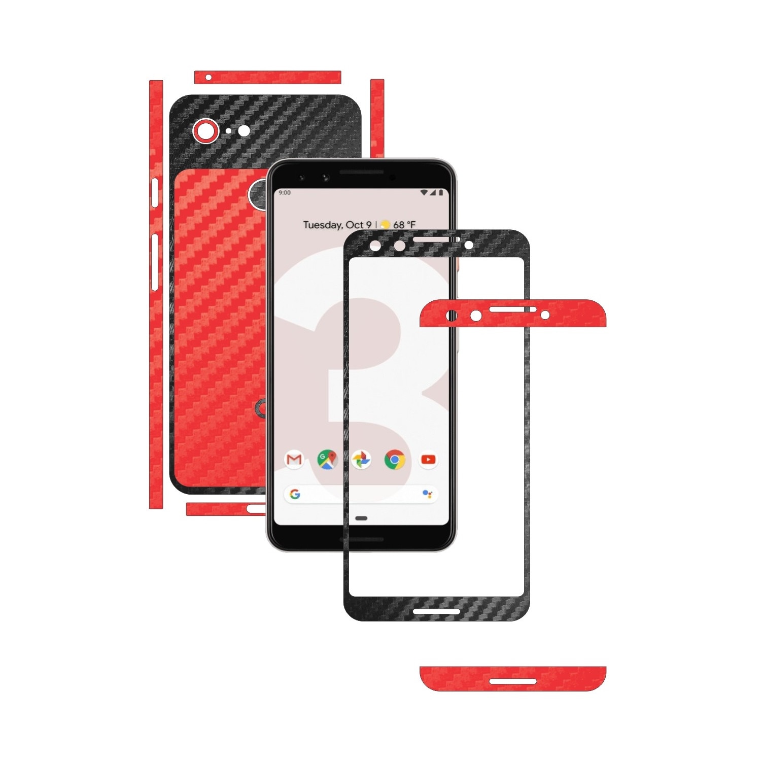 Folie Protectie Carbon Skinz pentru Google Pixel 3 - Carbon Two Tone Negru / Rosu, Skin Adeziv Full Body Cover pentru Rama Ecran, Carcasa Spate si Laterale