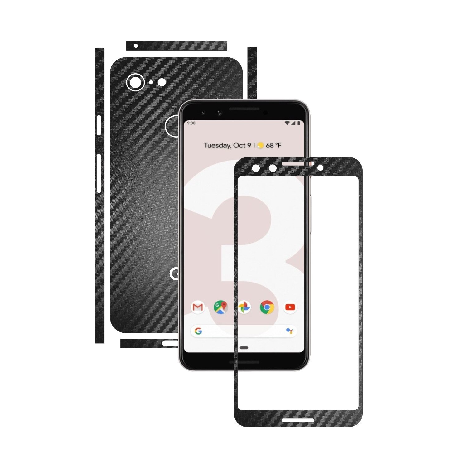Folie Protectie Carbon Skinz pentru Google Pixel 3 - Carbon Negru Split Cut, Skin Adeziv Full Body Cover pentru Rama Ecran, Carcasa Spate si Laterale