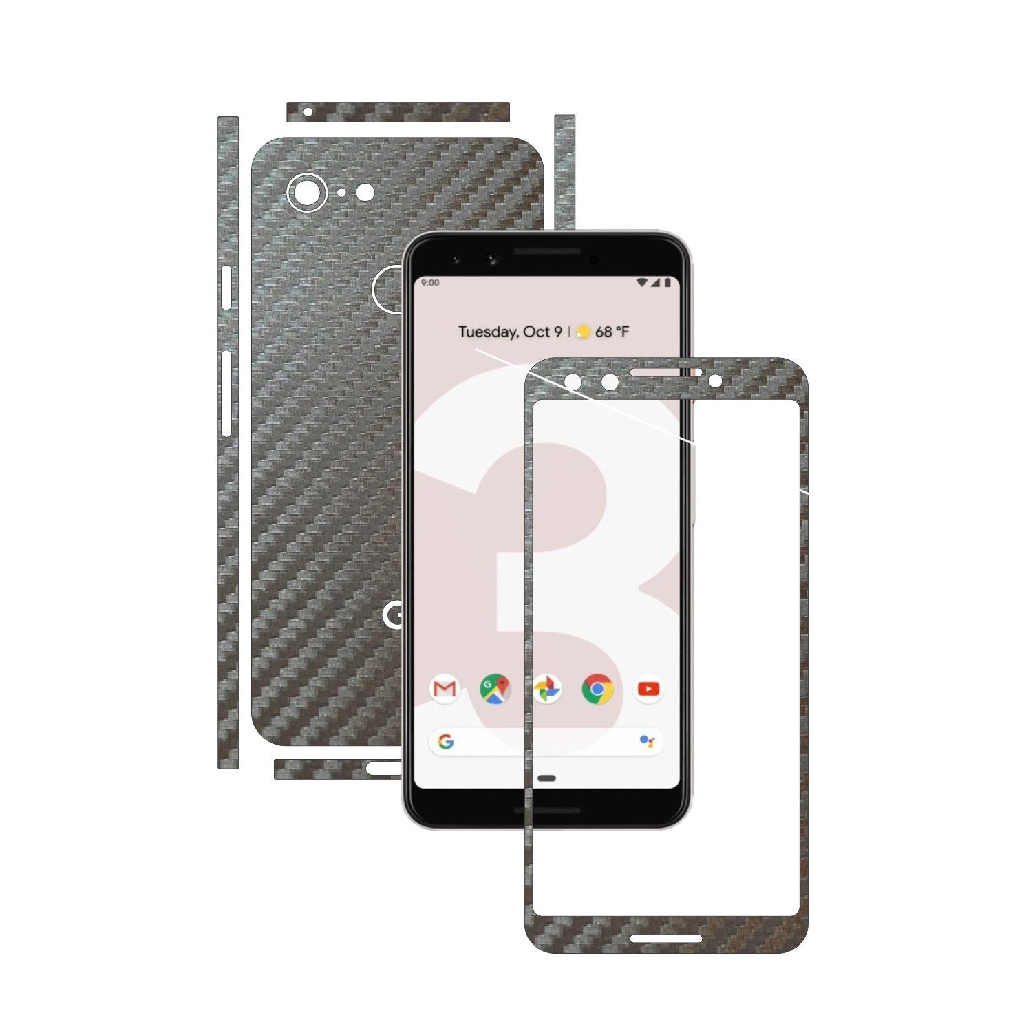 Folie Protectie Carbon Skinz pentru Google Pixel 3 - Carbon Gri Argintiu Split Cut, Skin Adeziv Full Body Cover pentru Rama Ecran, Carcasa Spate si Laterale
