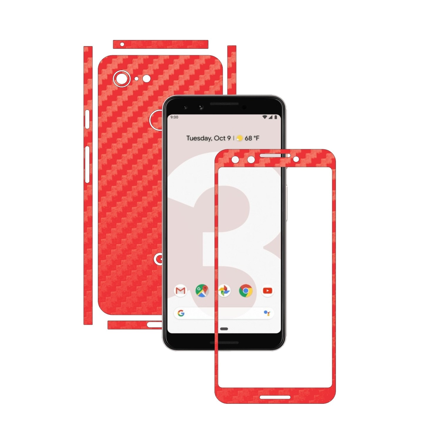 Folie Protectie Carbon Skinz pentru Google Pixel 3 - Carbon Rosu Split Cut, Skin Adeziv Full Body Cover pentru Rama Ecran, Carcasa Spate si Laterale