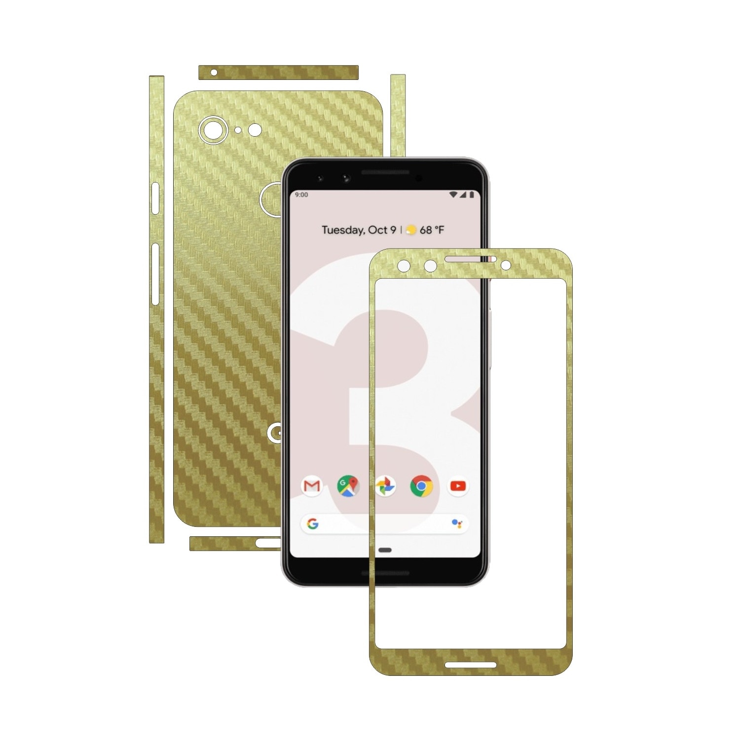 Folie Protectie Carbon Skinz pentru Google Pixel 3 - Carbon Auriu Split Cut, Skin Adeziv Full Body Cover pentru Rama Ecran, Carcasa Spate si Laterale