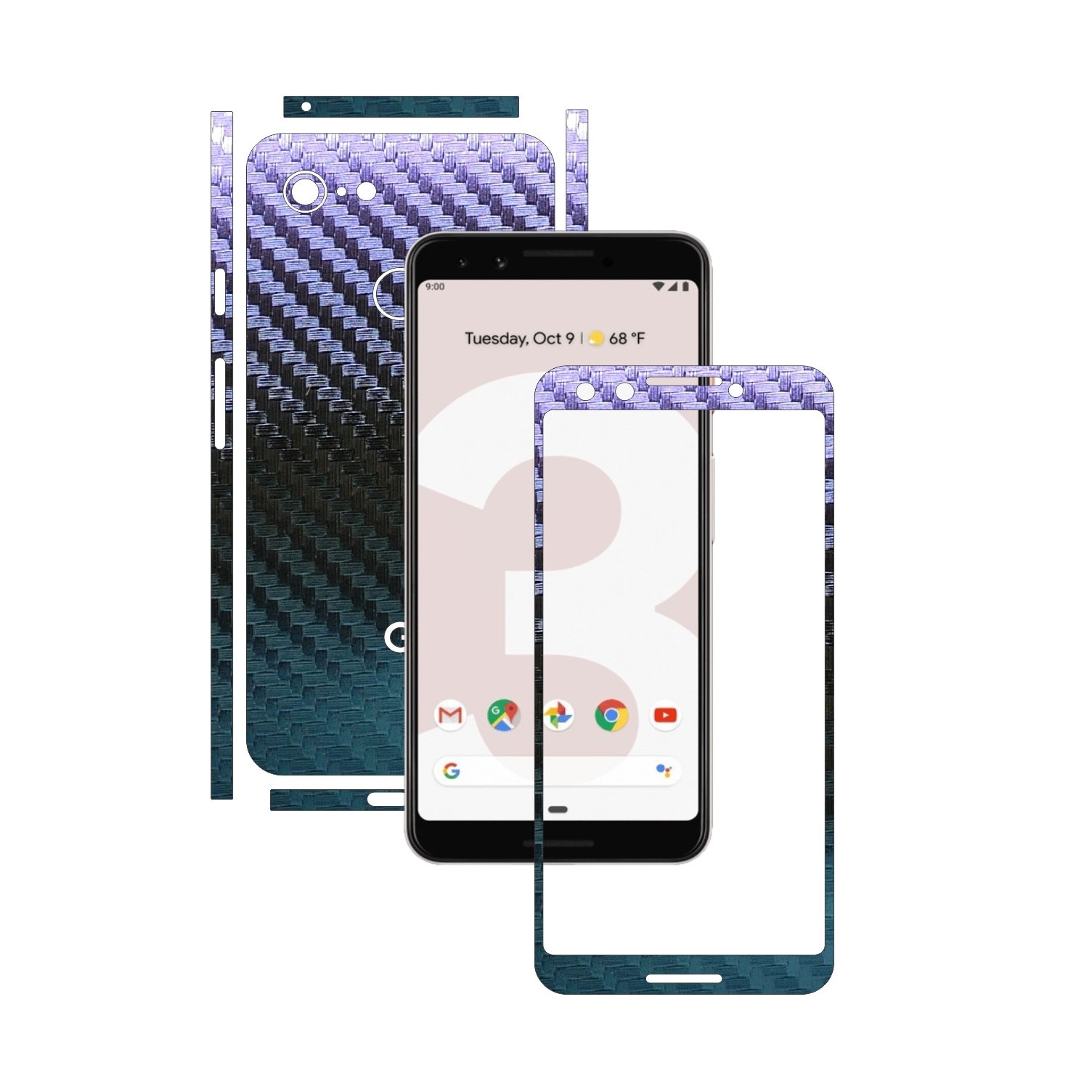 Folie Protectie Carbon Skinz pentru Google Pixel 3 - Carbon Cameleon Split Cut, Skin Adeziv Full Body Cover pentru Rama Ecran, Carcasa Spate si Laterale