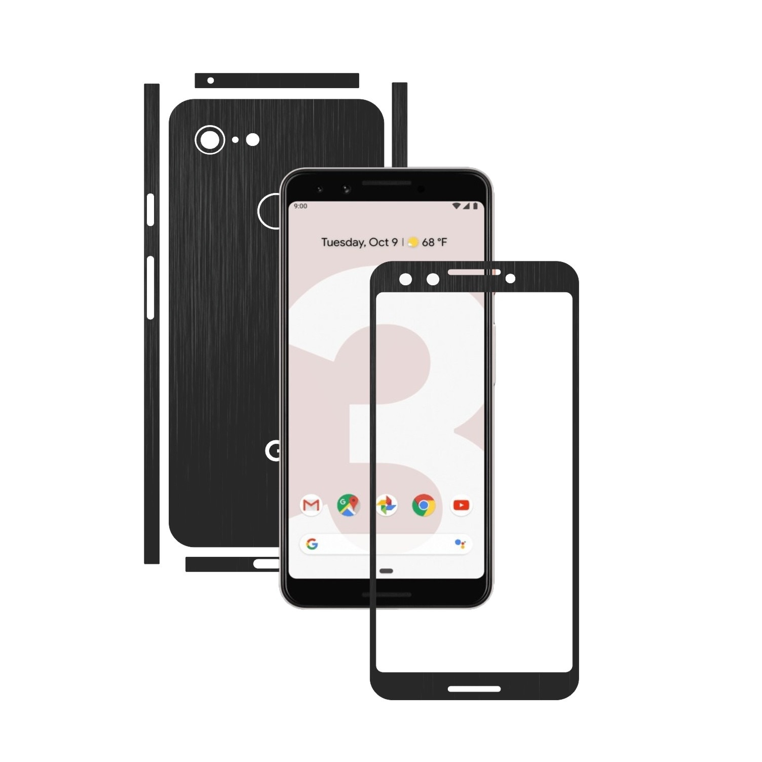 Folie Protectie Carbon Skinz pentru Google Pixel 3 - Brushed Negru Split Cut, Skin Adeziv Full Body Cover pentru Rama Ecran, Carcasa Spate si Laterale