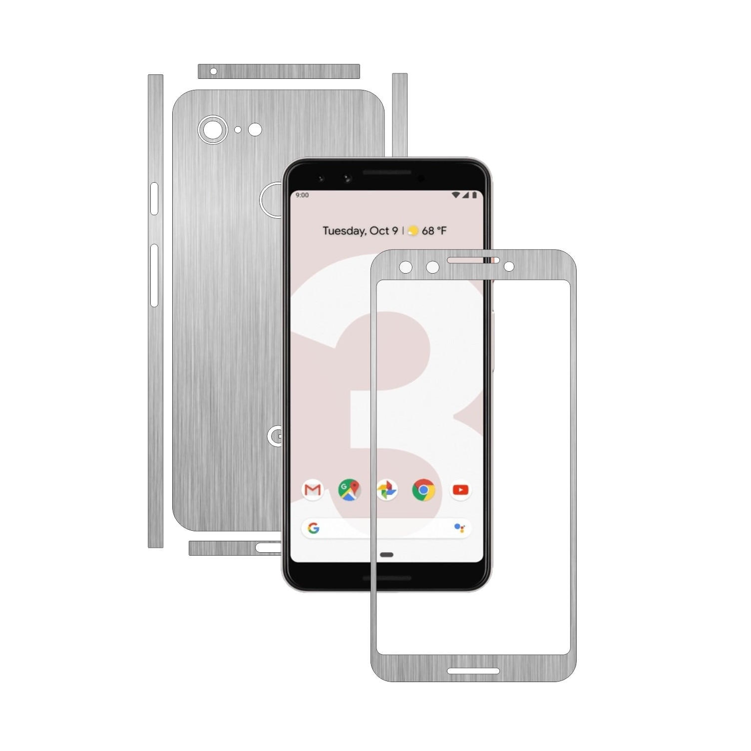 Folie Protectie Carbon Skinz pentru Google Pixel 3 - Brushed Argintiu Split Cut, Skin Adeziv Full Body Cover pentru Rama Ecran, Carcasa Spate si Laterale