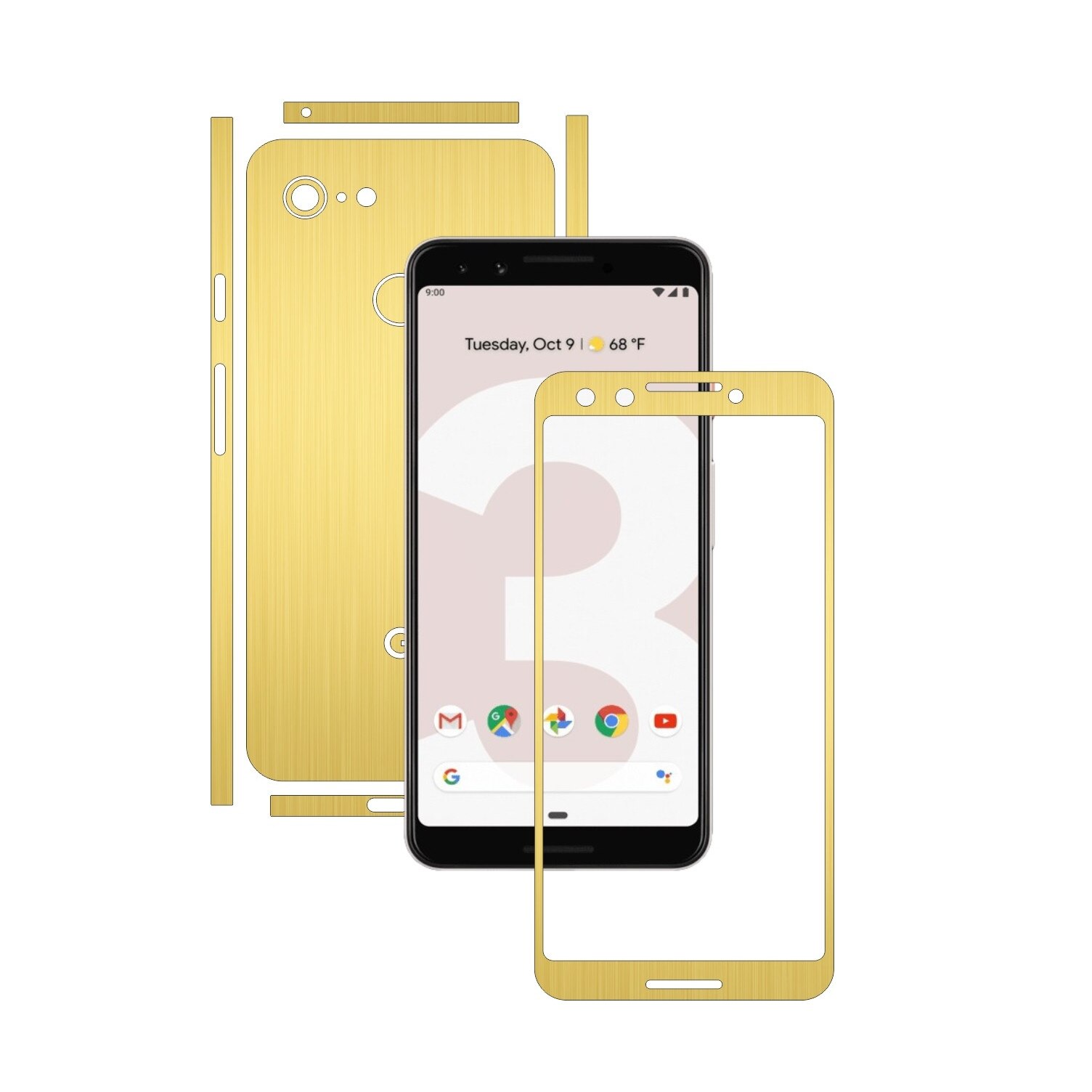 Folie Protectie Carbon Skinz pentru Google Pixel 3 - Brushed Auriu Split Cut, Skin Adeziv Full Body Cover pentru Rama Ecran, Carcasa Spate si Laterale