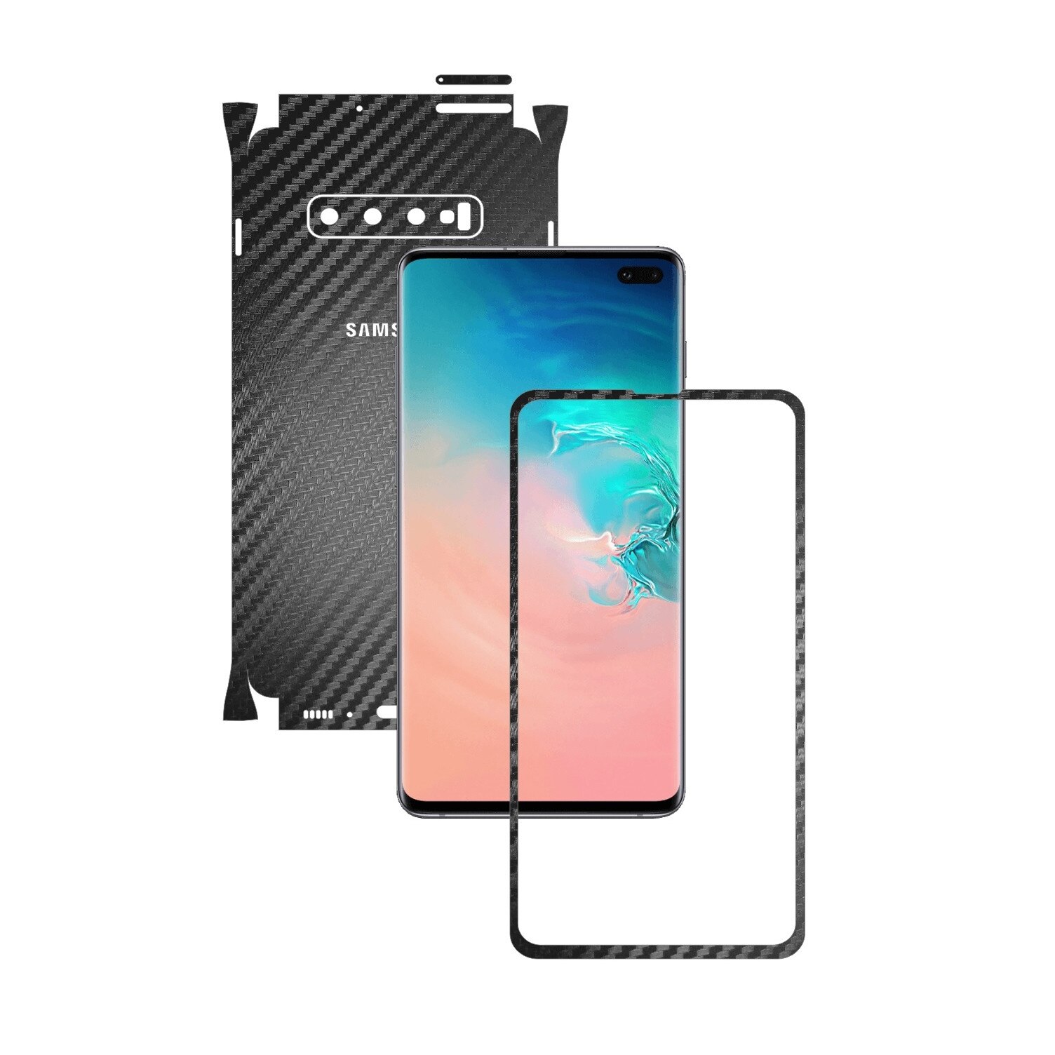 Folie Protectie Carbon Skinz pentru Samsung Galaxy S10+ Plus - Carbon Negru 360 Cut, Skin Adeziv Full Body Cover pentru Rama Ecran, Carcasa Spate si Laterale