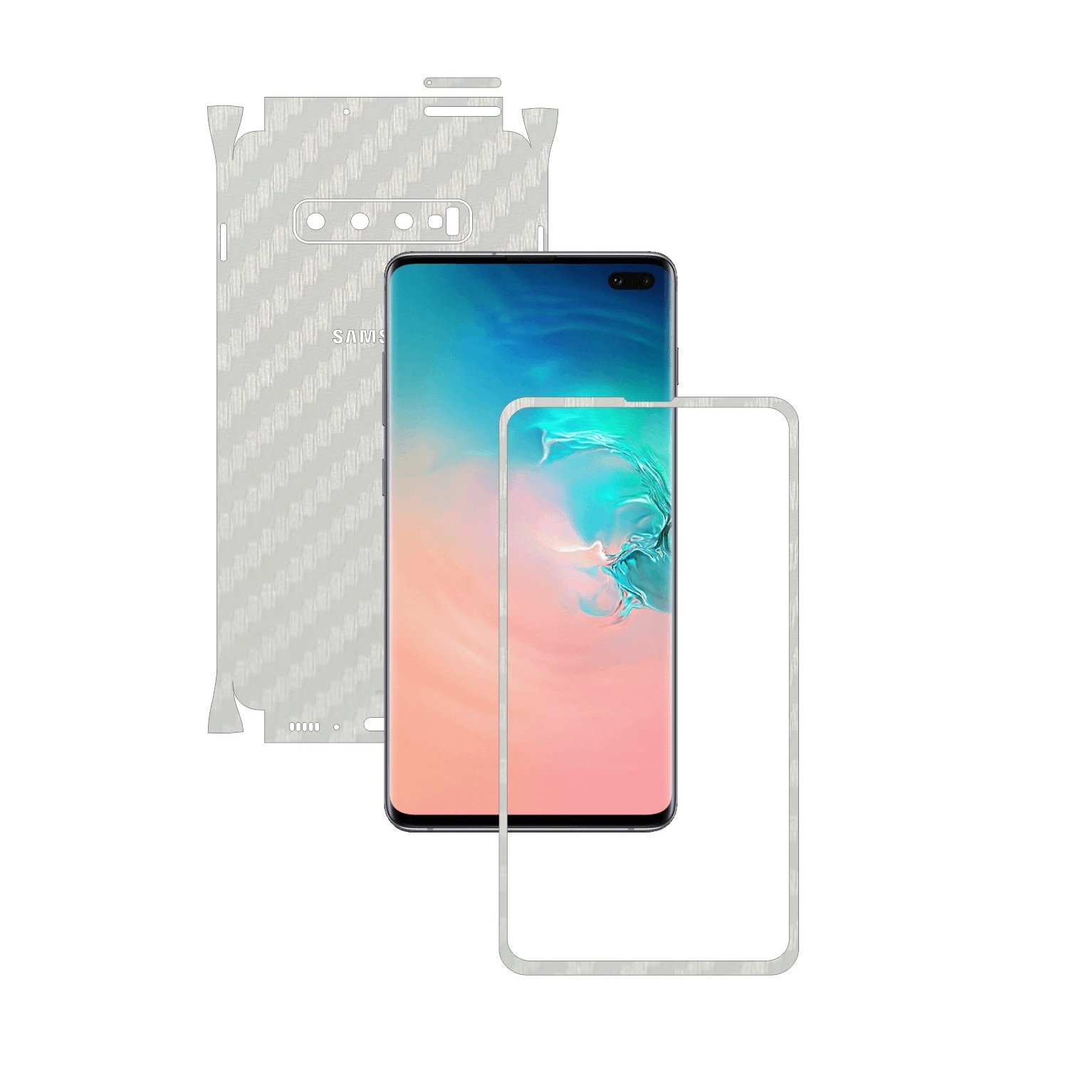 Folie Protectie Carbon Skinz pentru Samsung Galaxy S10+ Plus - Carbon Alb 360 Cut, Skin Adeziv Full Body Cover pentru Rama Ecran, Carcasa Spate si Laterale