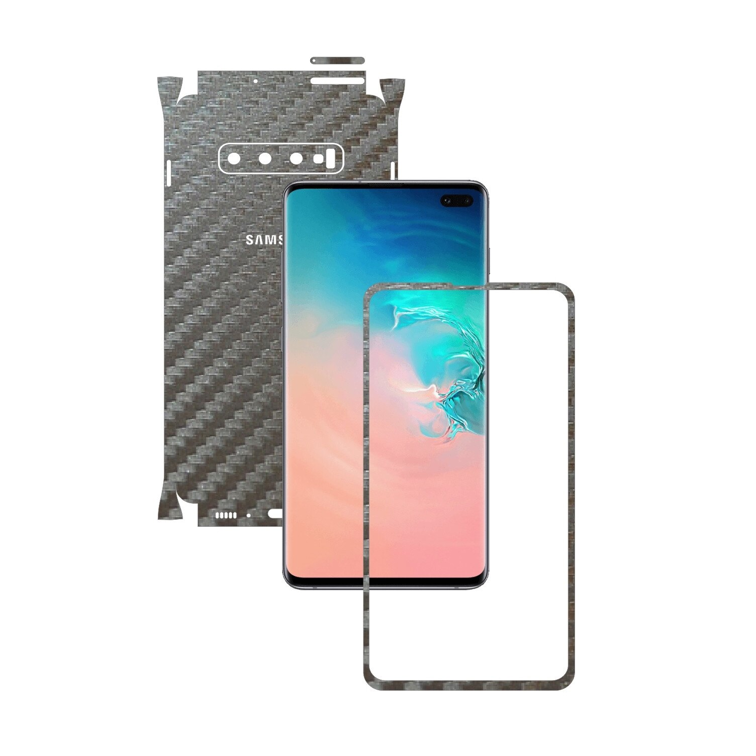 Folie Protectie Carbon Skinz pentru Samsung Galaxy S10+ Plus - Carbon Gri Argintiu 360 Cut, Skin Adeziv Full Body Cover pentru Rama Ecran, Carcasa Spate si Laterale