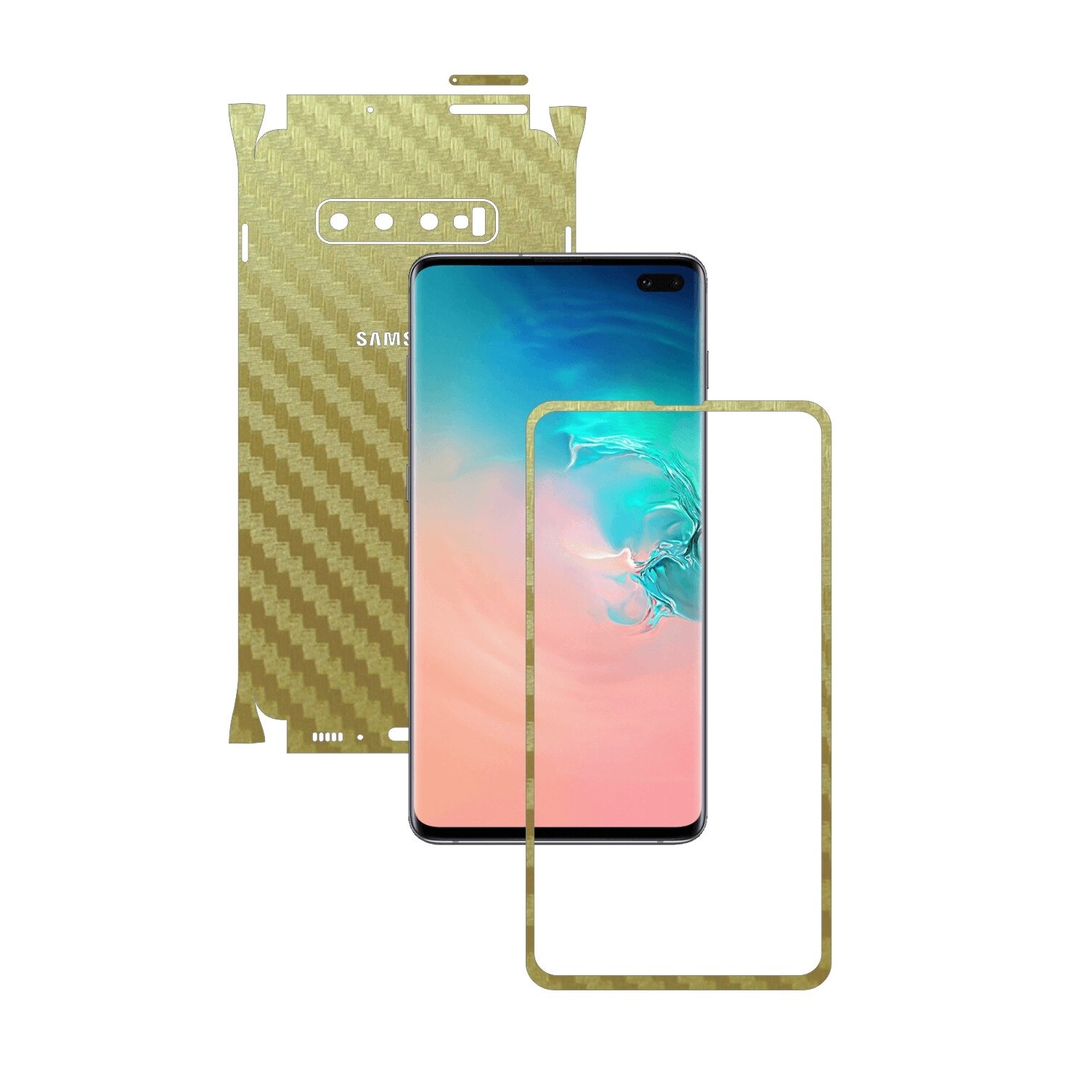 Folie Protectie Carbon Skinz pentru Samsung Galaxy S10+ Plus - Carbon Auriu 360 Cut, Skin Adeziv Full Body Cover pentru Rama Ecran, Carcasa Spate si Laterale