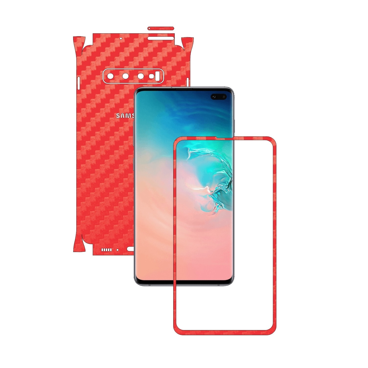 Folie Protectie Carbon Skinz pentru Samsung Galaxy S10+ Plus - Carbon Rosu 360 Cut, Skin Adeziv Full Body Cover pentru Rama Ecran, Carcasa Spate si Laterale