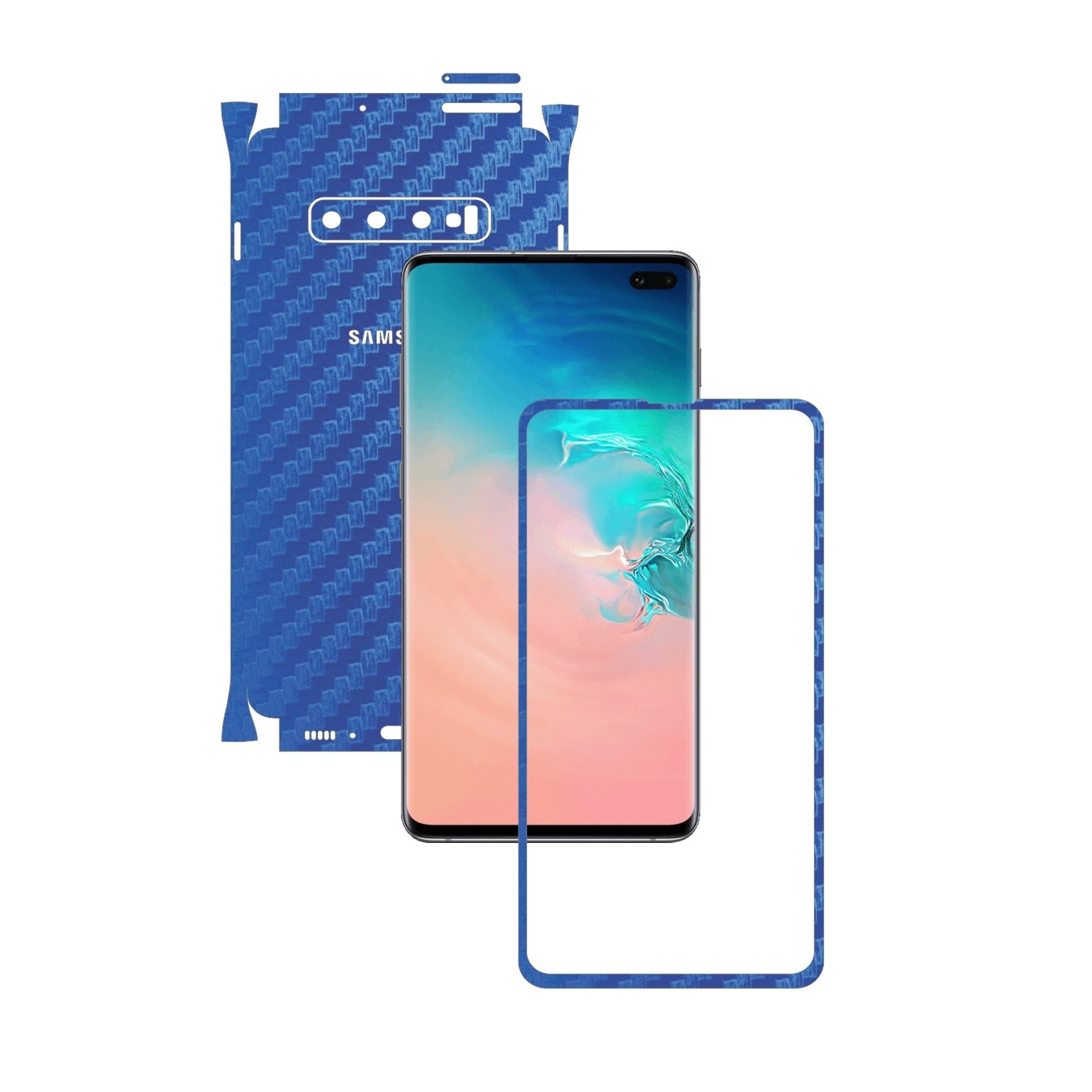 Folie Protectie Carbon Skinz pentru Samsung Galaxy S10+ Plus - Carbon Albastru 360 Cut, Skin Adeziv Full Body Cover pentru Rama Ecran, Carcasa Spate si Laterale