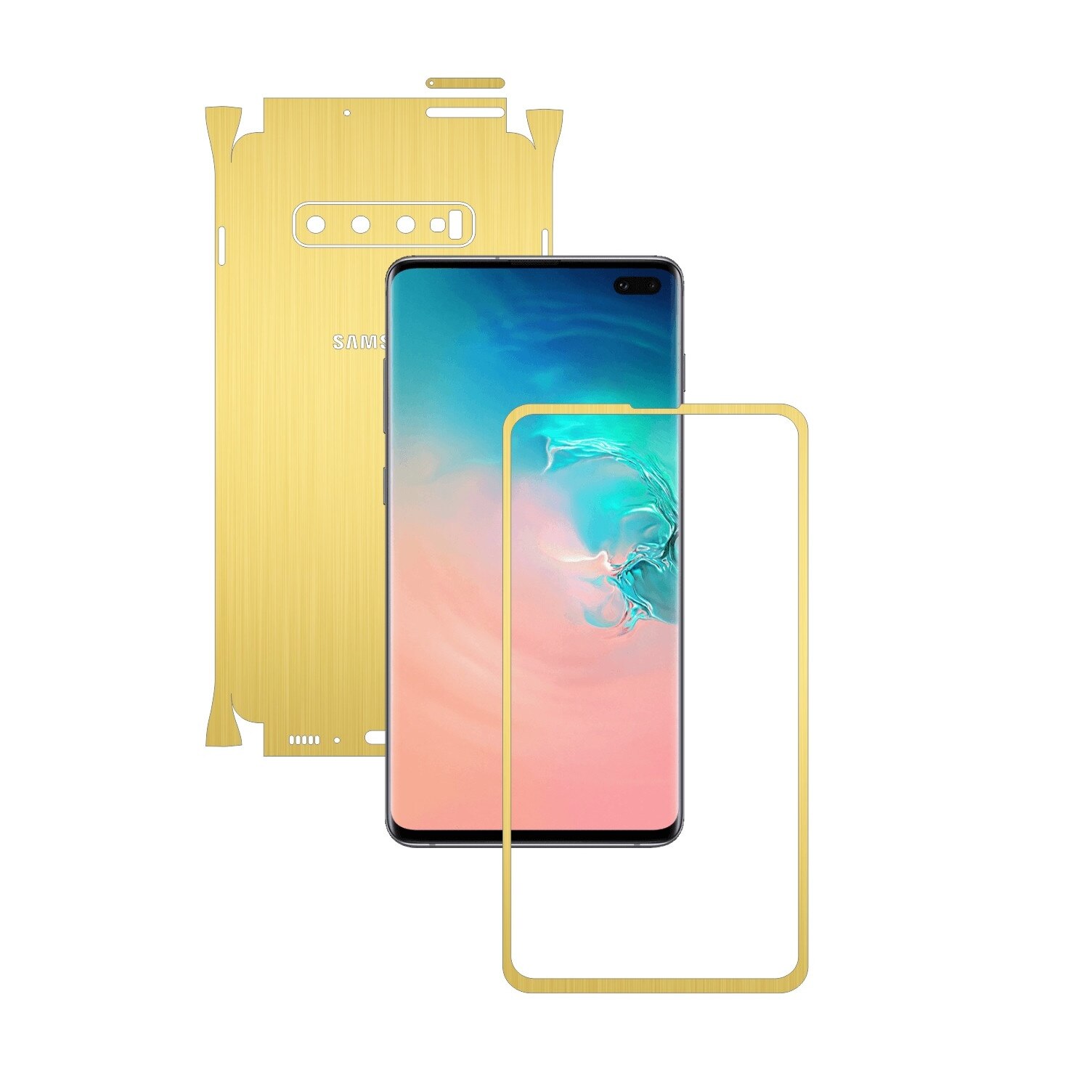 Folie Protectie Carbon Skinz pentru Samsung Galaxy S10+ Plus - Brushed Auriu 360 Cut, Skin Adeziv Full Body Cover pentru Rama Ecran, Carcasa Spate si Laterale