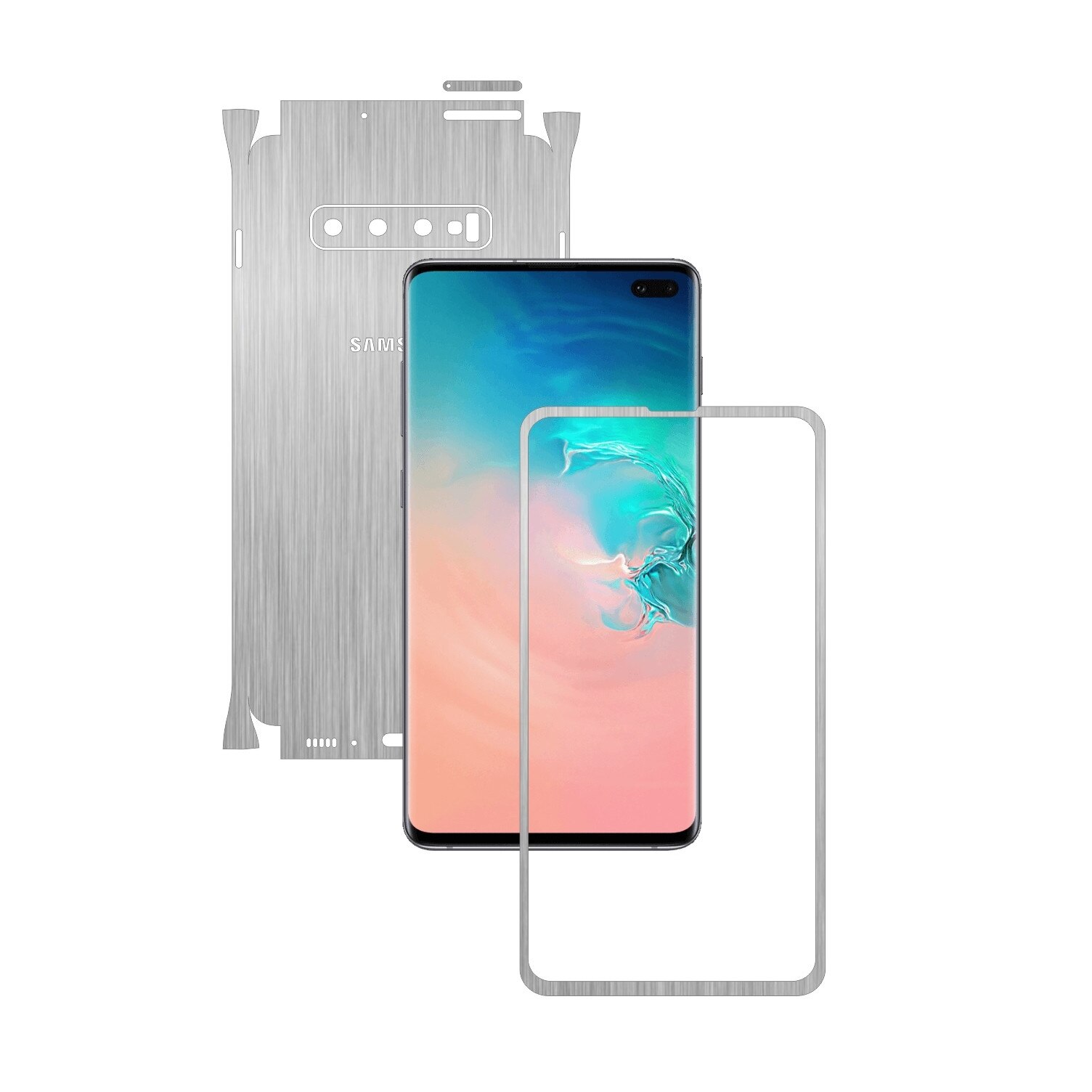 Folie Protectie Carbon Skinz pentru Samsung Galaxy S10+ Plus - Brushed Argintiu 360 Cut, Skin Adeziv Full Body Cover pentru Rama Ecran, Carcasa Spate si Laterale