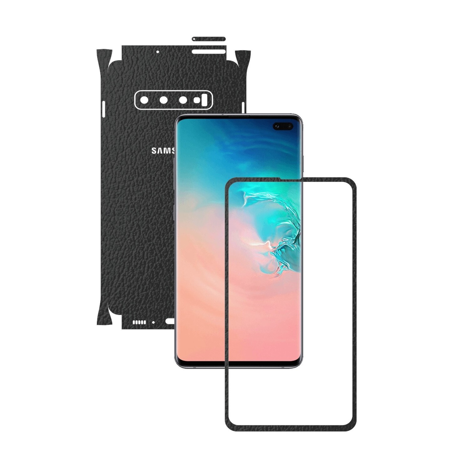Folie Protectie Carbon Skinz pentru Samsung Galaxy S10+ Plus - Piele Neagra 360 Cut, Skin Adeziv Full Body Cover pentru Rama Ecran, Carcasa Spate si Laterale