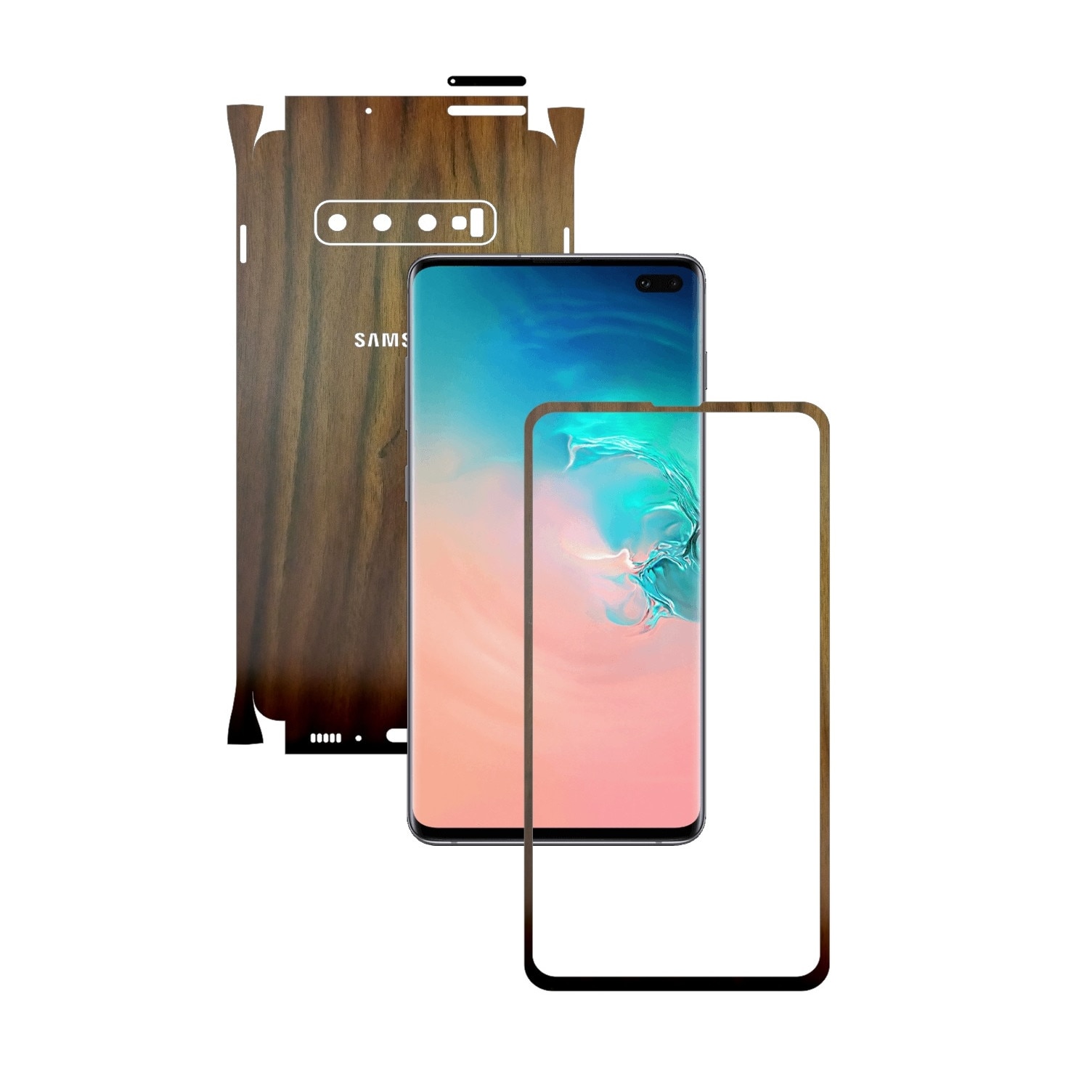 Folie Protectie Carbon Skinz pentru Samsung Galaxy S10+ Plus - Lemn Nuc 360 Cut, Skin Adeziv Full Body Cover pentru Rama Ecran, Carcasa Spate si Laterale