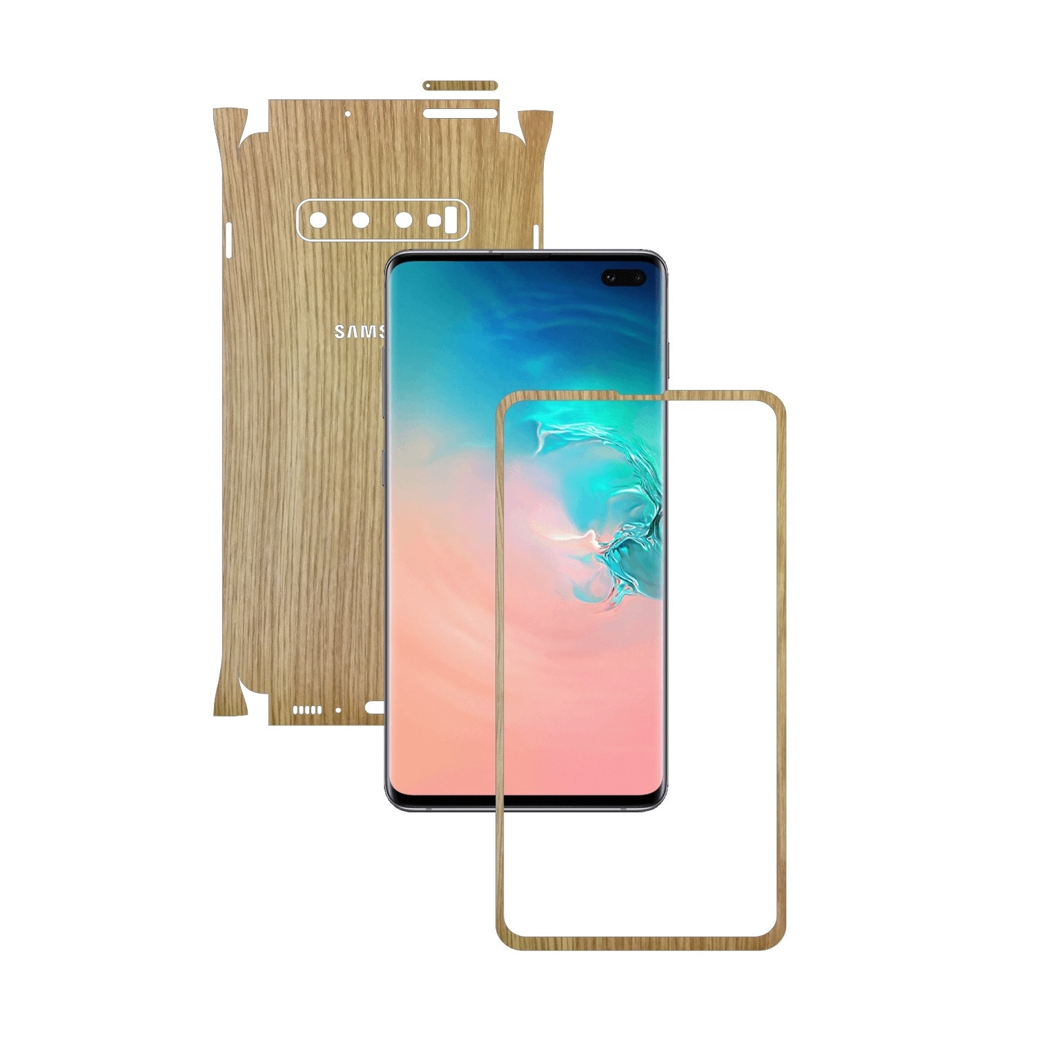 Folie Protectie Carbon Skinz pentru Samsung Galaxy S10+ Plus - Lemn Stejar 360 Cut, Skin Adeziv Full Body Cover pentru Rama Ecran, Carcasa Spate si Laterale