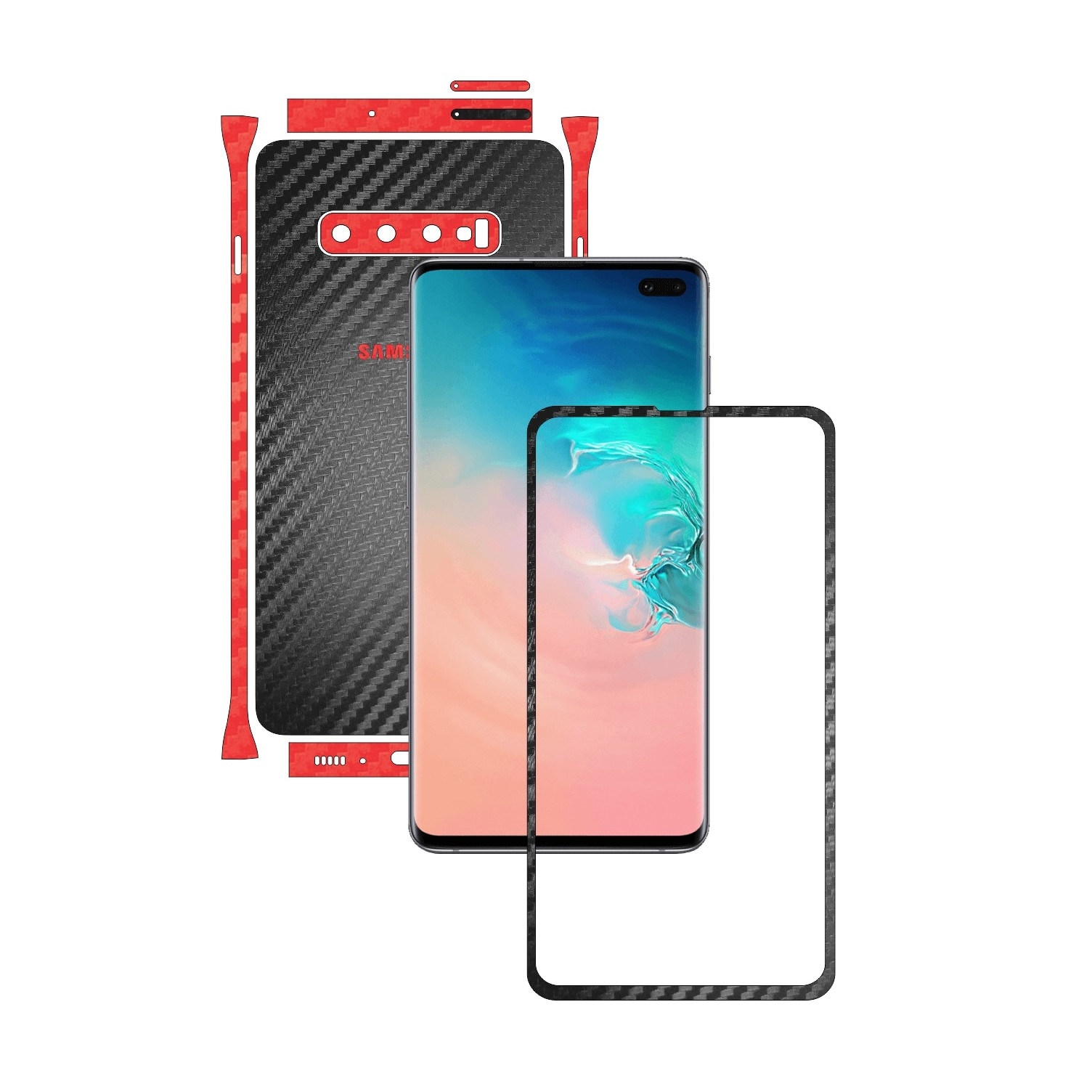Folie Protectie Carbon Skinz pentru Samsung Galaxy S10+ Plus - Carbon Two Tone Negru / Rosu, Skin Adeziv Full Body Cover pentru Rama Ecran, Carcasa Spate si Laterale