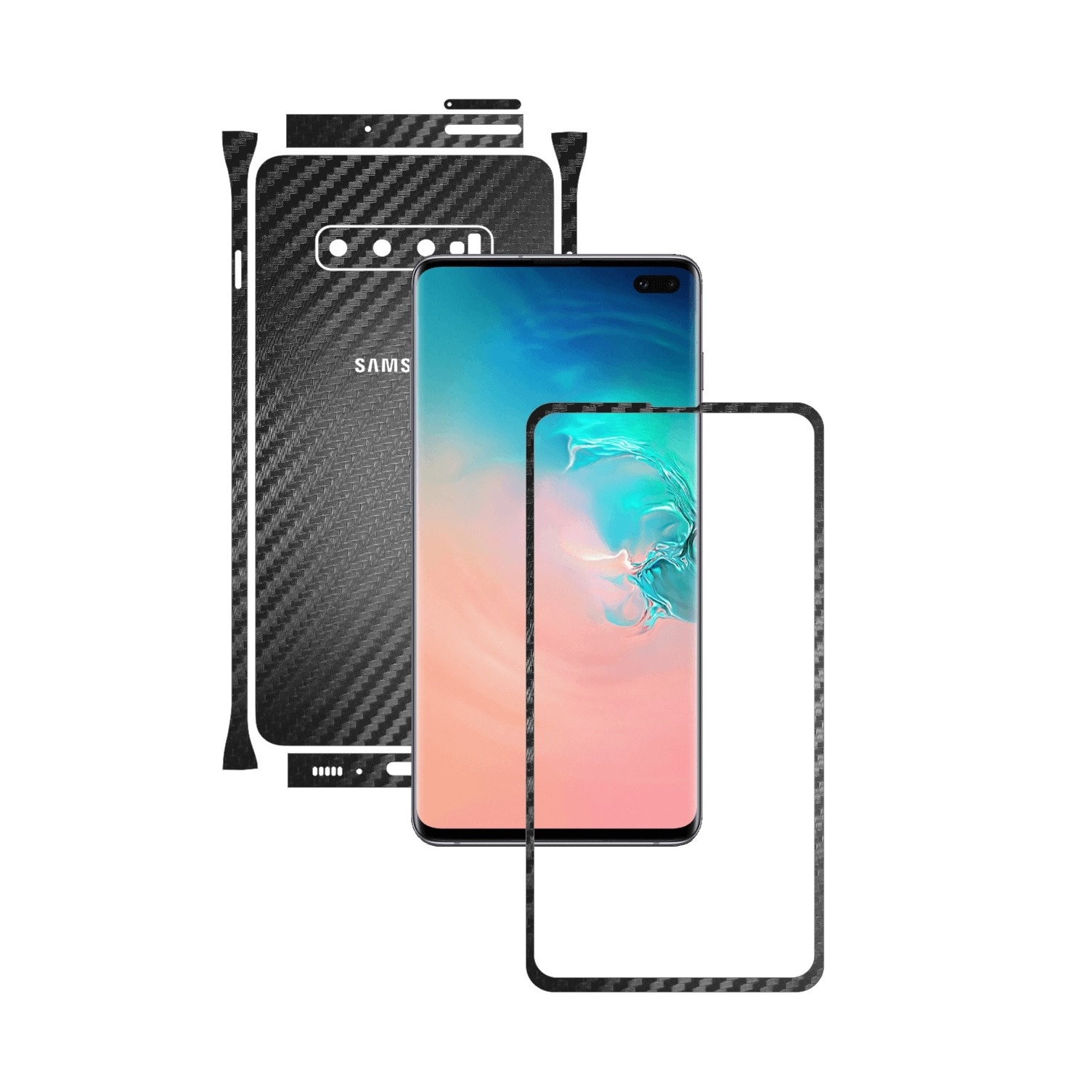 Folie Protectie Carbon Skinz pentru Samsung Galaxy S10+ Plus - Carbon Negru Split Cut, Skin Adeziv Full Body Cover pentru Rama Ecran, Carcasa Spate si Laterale