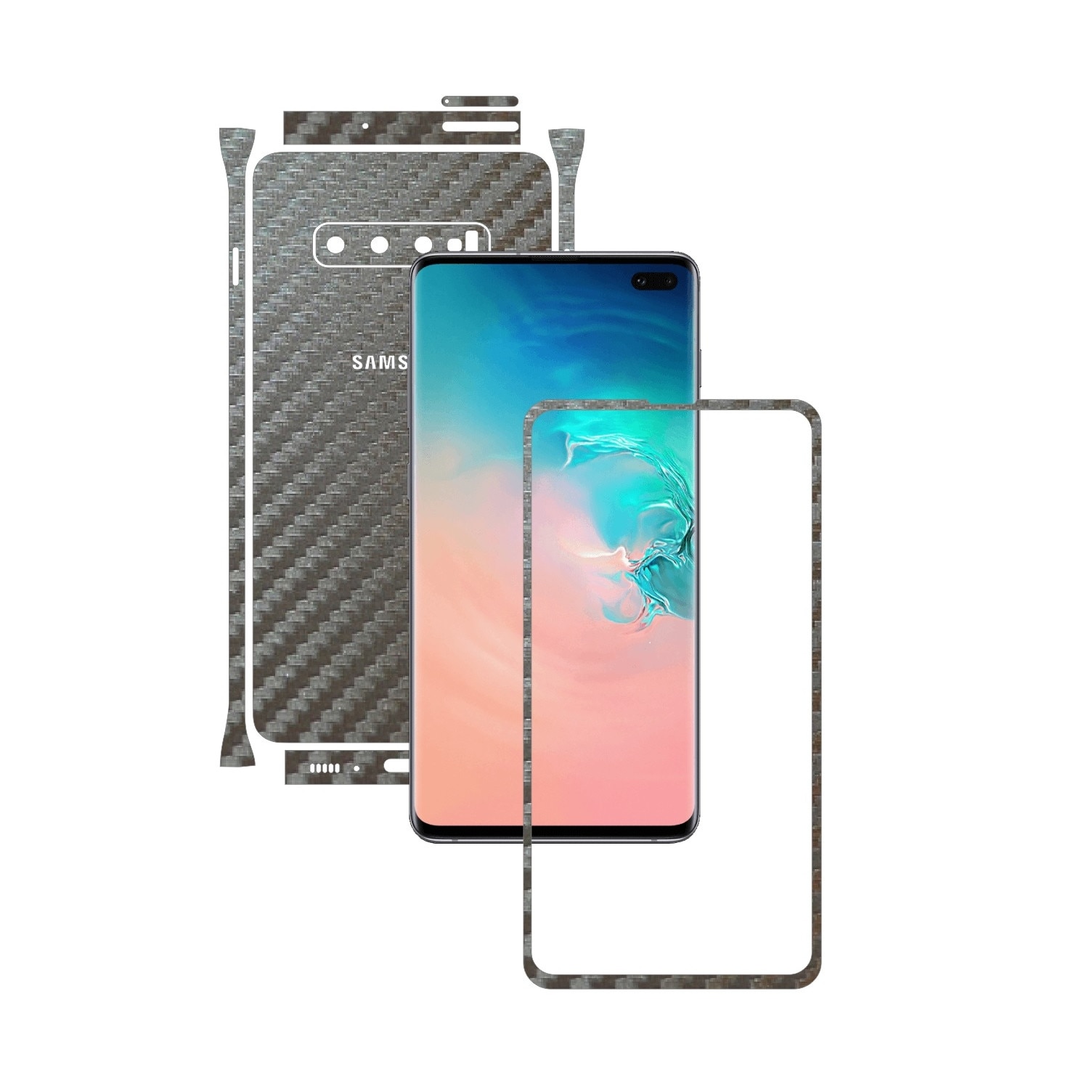 Folie Protectie Carbon Skinz pentru Samsung Galaxy S10+ Plus - Carbon Gri Argintiu Split Cut, Skin Adeziv Full Body Cover pentru Rama Ecran, Carcasa Spate si Laterale