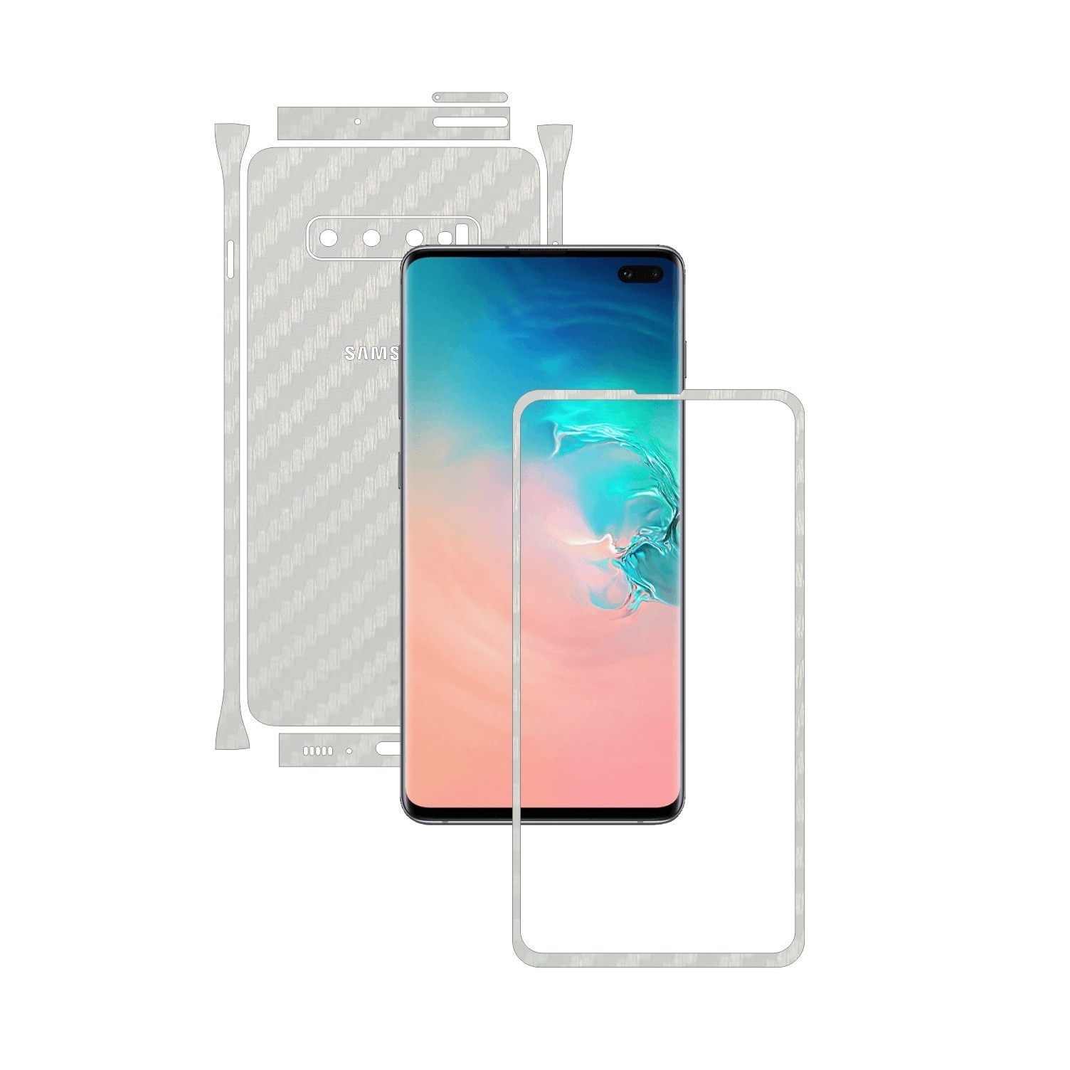 Folie Protectie Carbon Skinz pentru Samsung Galaxy S10+ Plus - Carbon Alb Split Cut, Skin Adeziv Full Body Cover pentru Rama Ecran, Carcasa Spate si Laterale