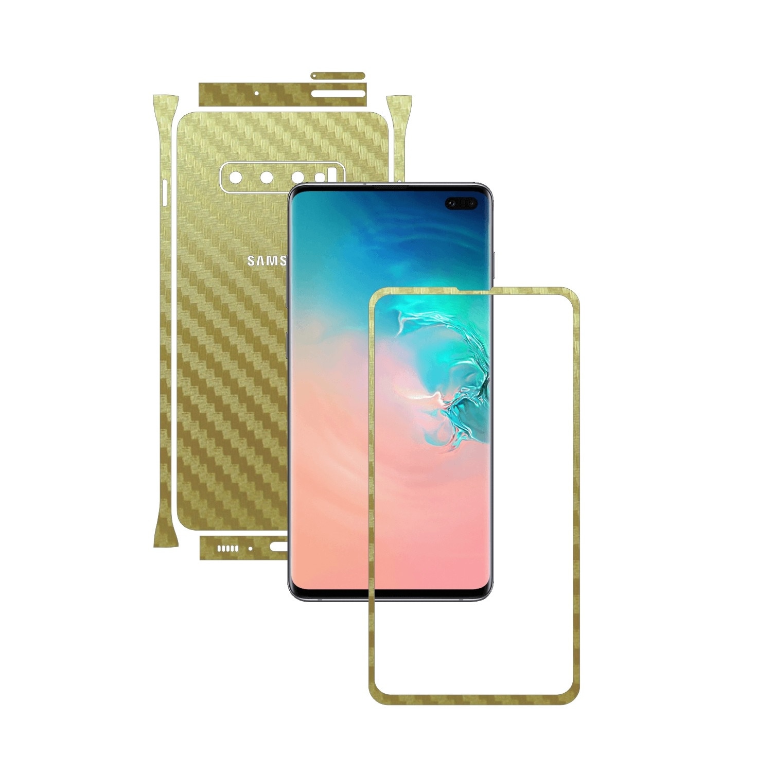 Folie Protectie Carbon Skinz pentru Samsung Galaxy S10+ Plus - Carbon Auriu Split Cut, Skin Adeziv Full Body Cover pentru Rama Ecran, Carcasa Spate si Laterale