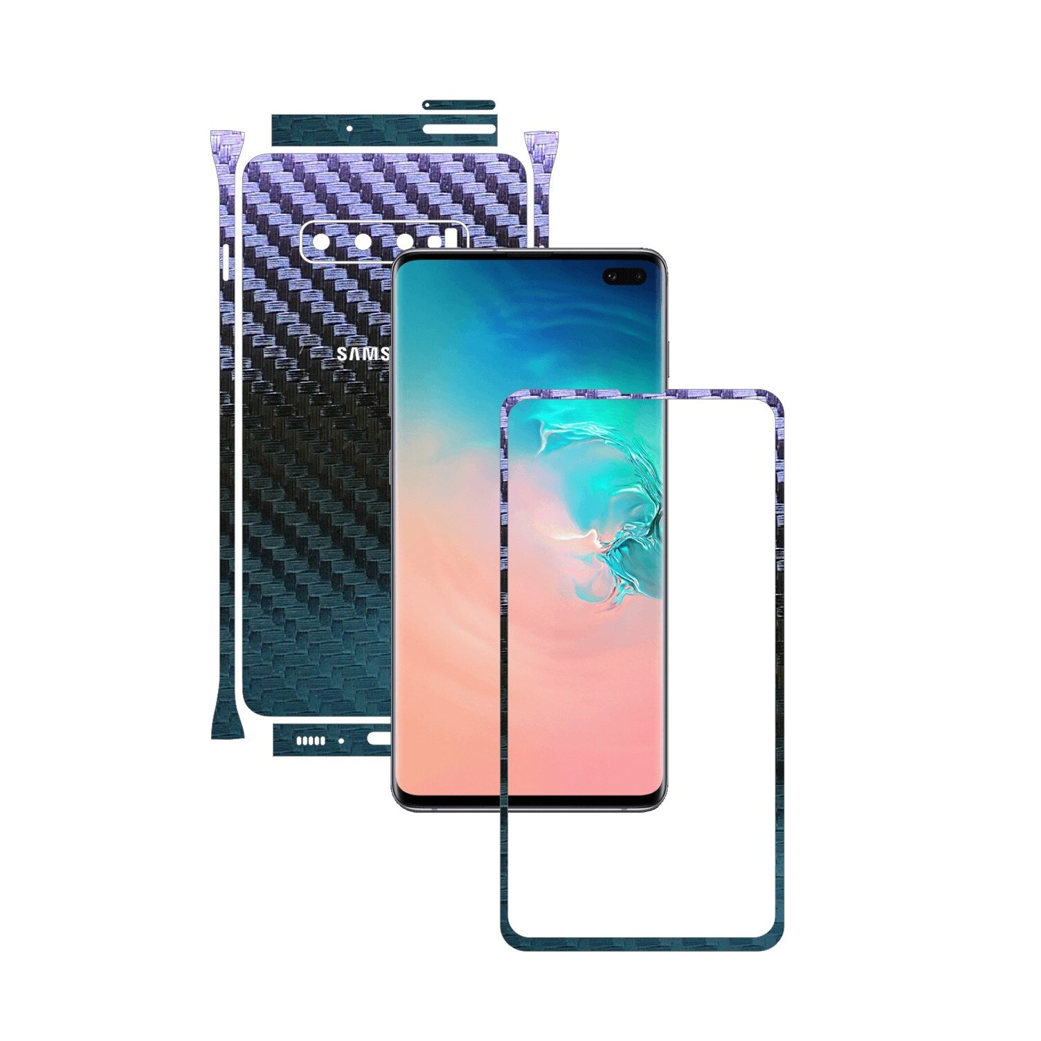 Folie Protectie Carbon Skinz pentru Samsung Galaxy S10+ Plus - Carbon Cameleon Split Cut, Skin Adeziv Full Body Cover pentru Rama Ecran, Carcasa Spate si Laterale