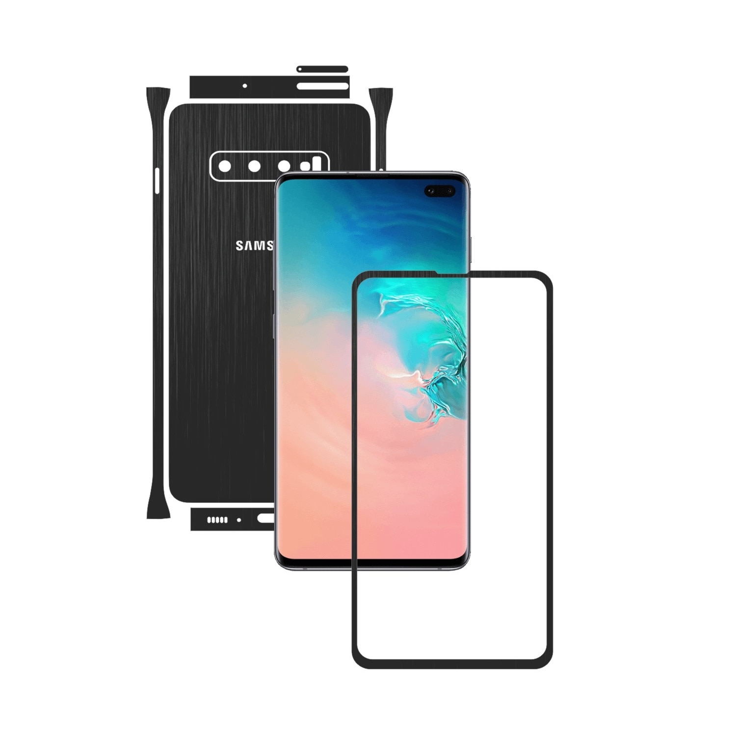 Folie Protectie Carbon Skinz pentru Samsung Galaxy S10+ Plus - Brushed Negru Split Cut, Skin Adeziv Full Body Cover pentru Rama Ecran, Carcasa Spate si Laterale