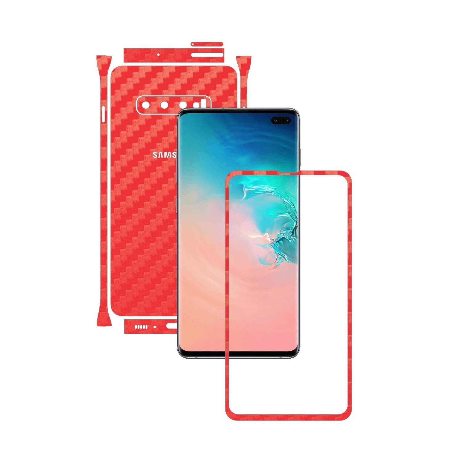 Folie Protectie Carbon Skinz pentru Samsung Galaxy S10+ Plus - Carbon Rosu Split Cut, Skin Adeziv Full Body Cover pentru Rama Ecran, Carcasa Spate si Laterale