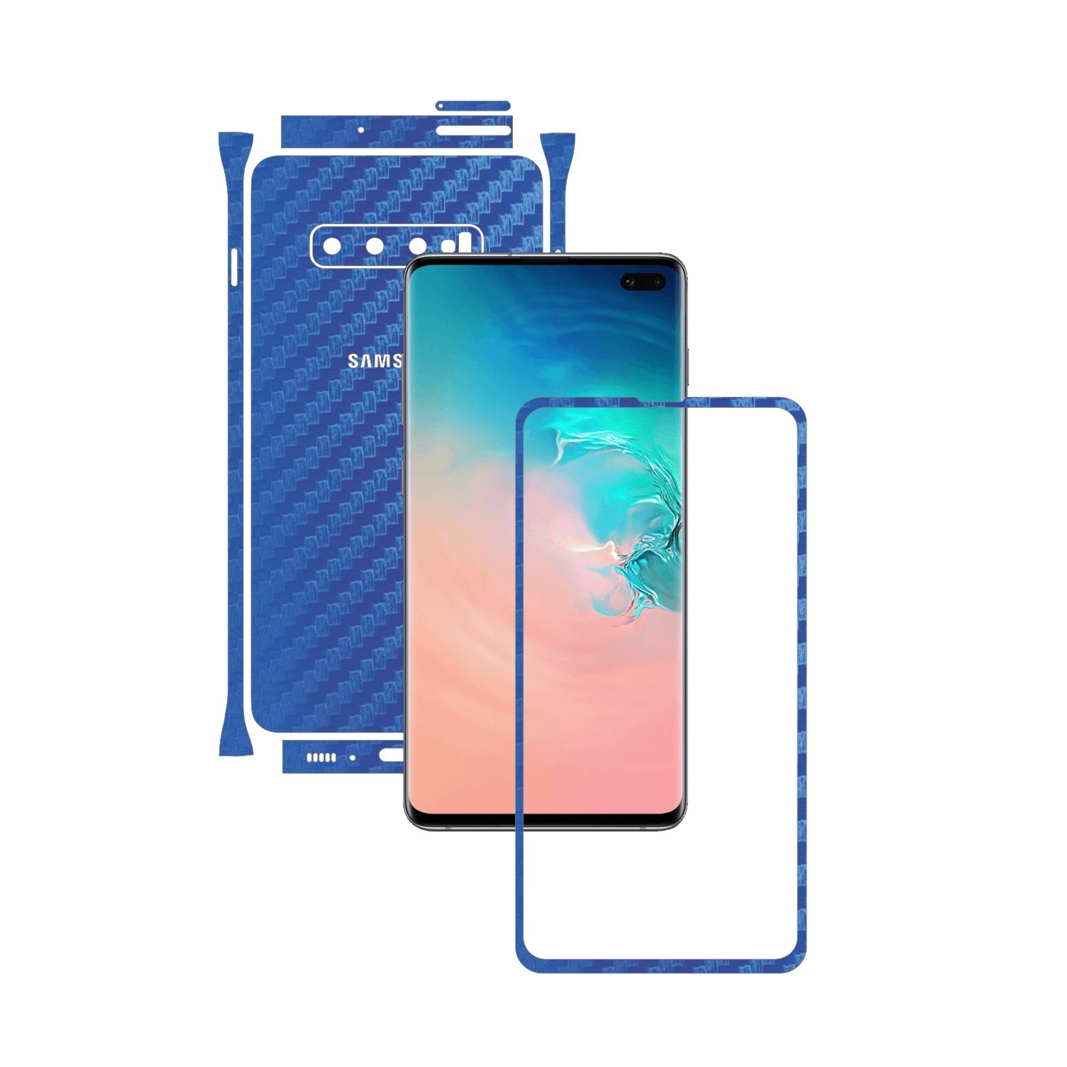 Folie Protectie Carbon Skinz pentru Samsung Galaxy S10+ Plus - Carbon Albastru Split Cut, Skin Adeziv Full Body Cover pentru Rama Ecran, Carcasa Spate si Laterale
