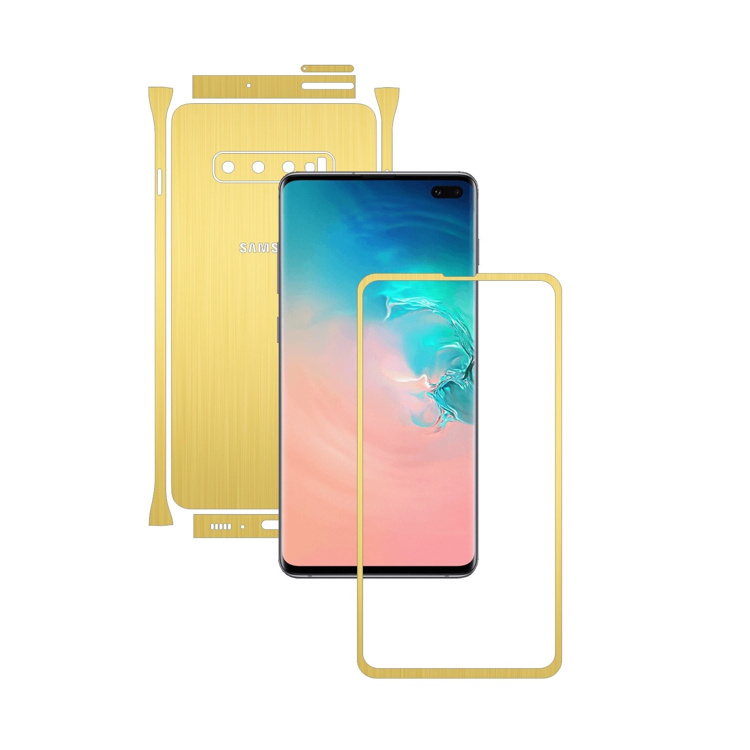 Folie Protectie Carbon Skinz pentru Samsung Galaxy S10+ Plus - Brushed Auriu Split Cut, Skin Adeziv Full Body Cover pentru Rama Ecran, Carcasa Spate si Laterale