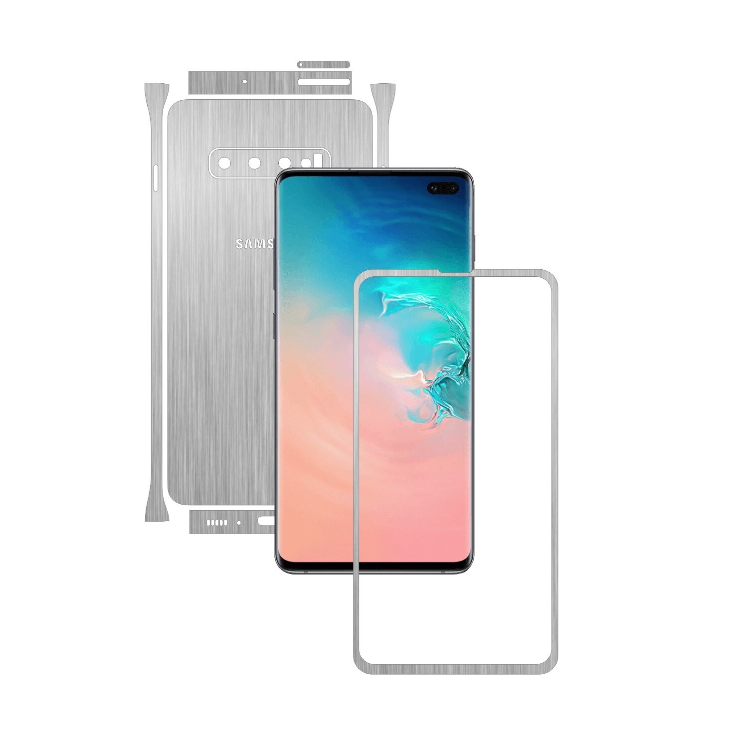 Folie Protectie Carbon Skinz pentru Samsung Galaxy S10+ Plus - Brushed Argintiu Split Cut, Skin Adeziv Full Body Cover pentru Rama Ecran, Carcasa Spate si Laterale