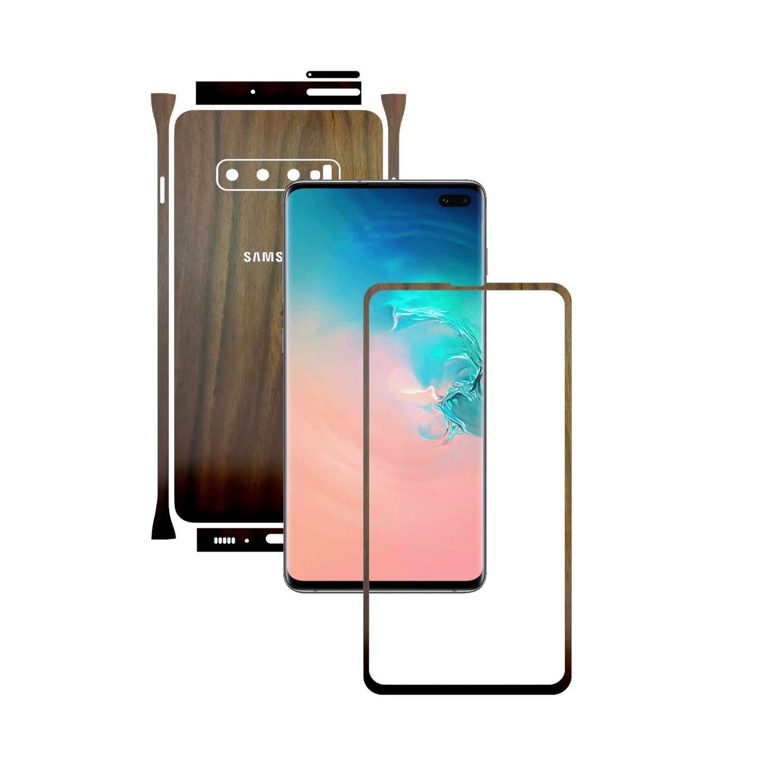 Folie Protectie Carbon Skinz pentru Samsung Galaxy S10+ Plus - Lemn Nuc Split Cut, Skin Adeziv Full Body Cover pentru Rama Ecran, Carcasa Spate si Laterale