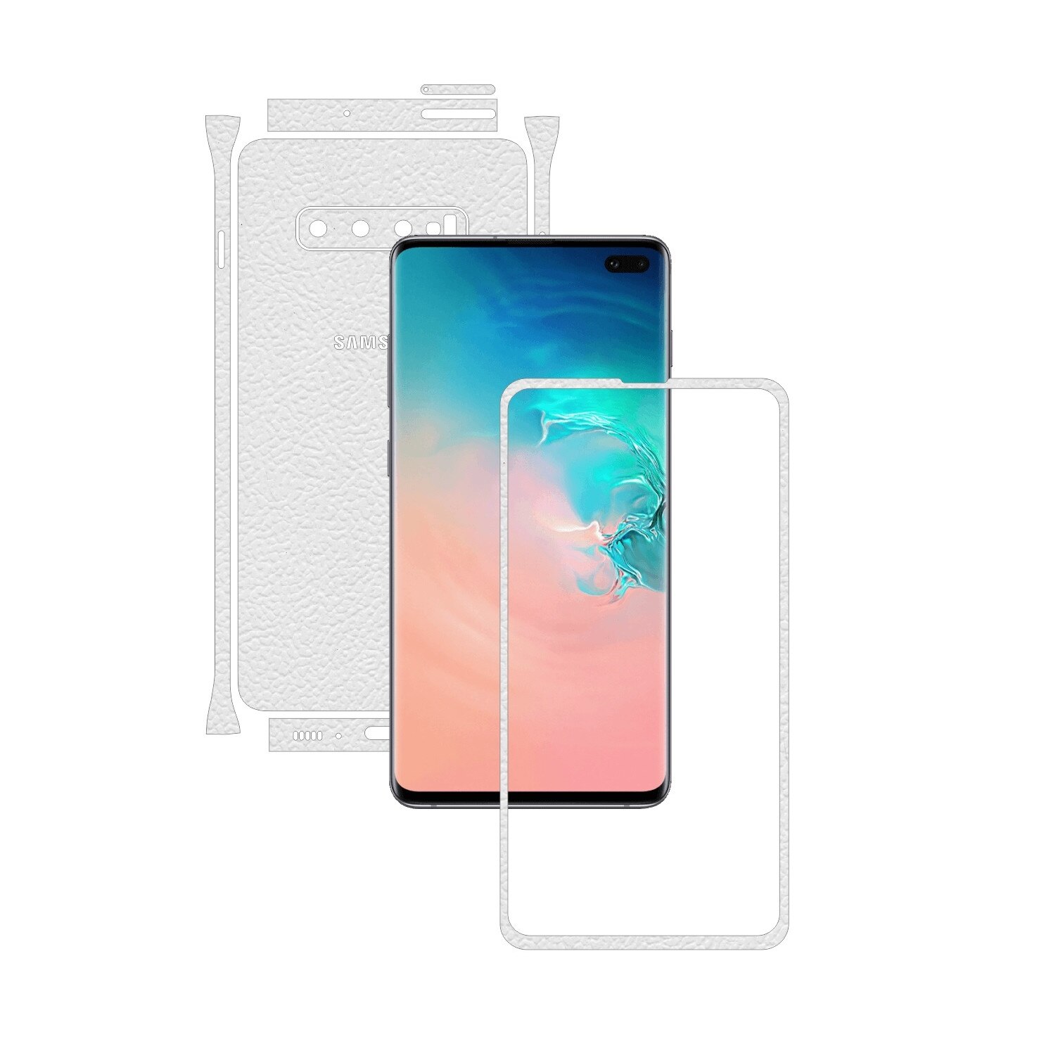 Folie Protectie Carbon Skinz pentru Samsung Galaxy S10+ Plus - Piele Alba Split Cut, Skin Adeziv Full Body Cover pentru Rama Ecran, Carcasa Spate si Laterale