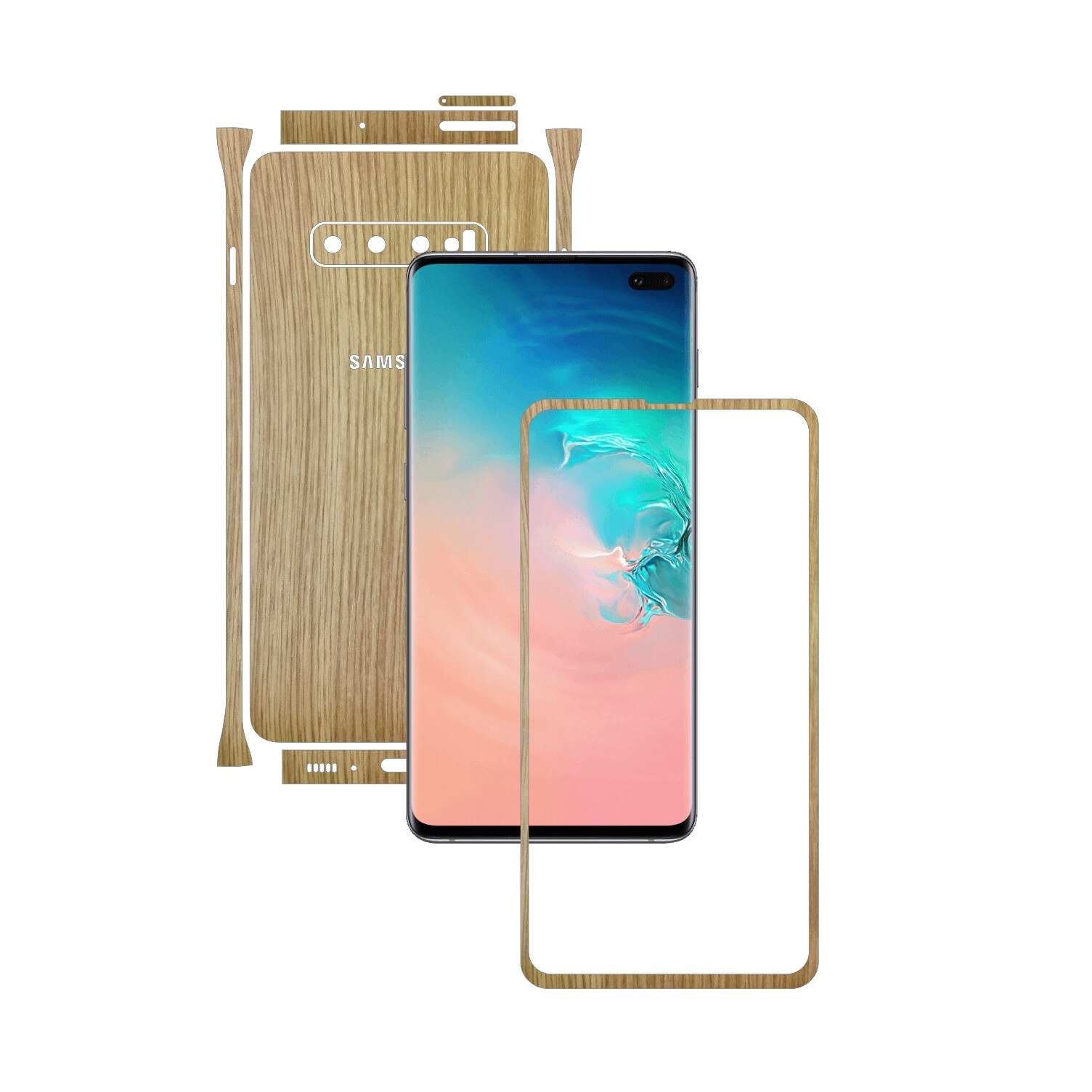 Folie Protectie Carbon Skinz pentru Samsung Galaxy S10+ Plus - Lemn Stejar Split Cut, Skin Adeziv Full Body Cover pentru Rama Ecran, Carcasa Spate si Laterale