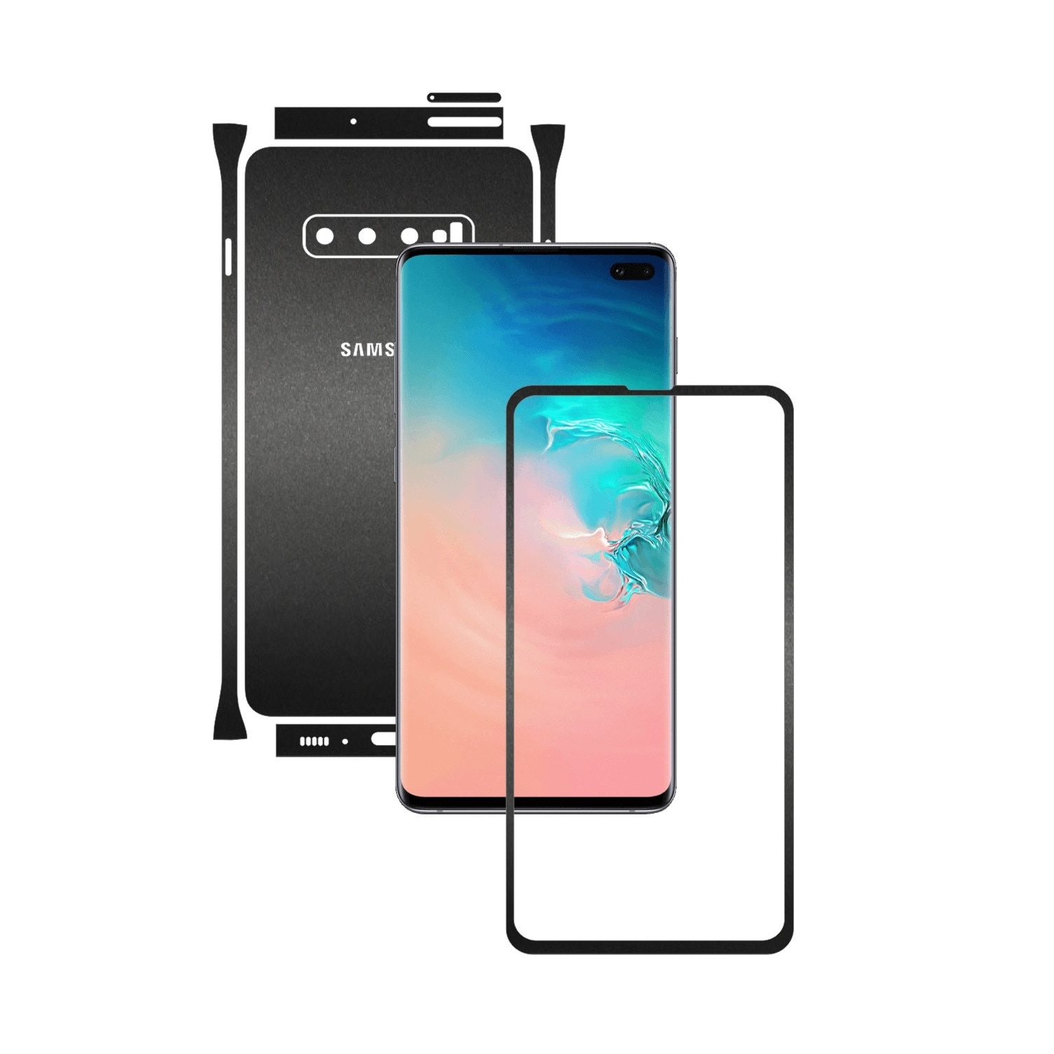 Folie Protectie Carbon Skinz pentru Samsung Galaxy S10+ Plus - Negru Mat Split Cut, Skin Adeziv Full Body Cover pentru Rama Ecran, Carcasa Spate si Laterale