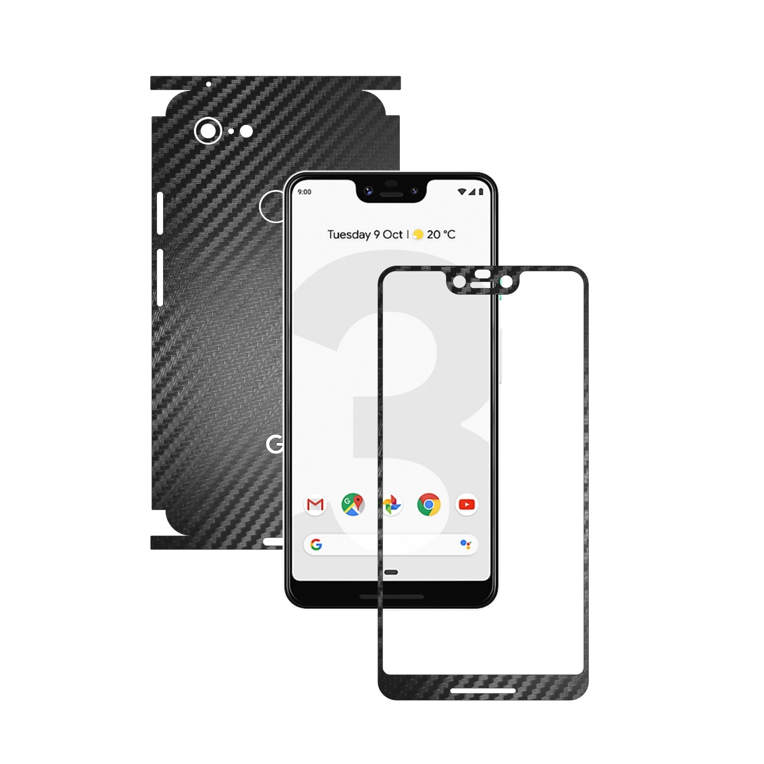 Folie Protectie Carbon Skinz pentru Google Pixel 3 XL - Carbon Negru 360 Cut, Skin Adeziv Full Body Cover pentru Rama Ecran, Carcasa Spate si Laterale