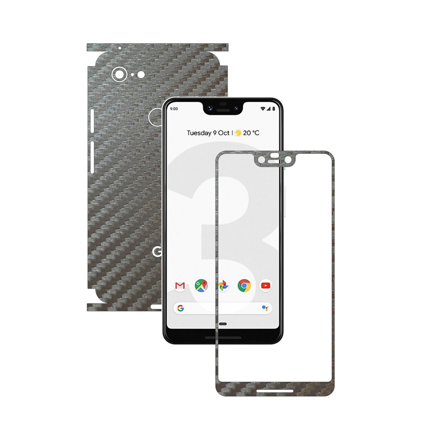 Folie Protectie Carbon Skinz pentru Google Pixel 3 XL - Carbon Gri Argintiu 360 Cut, Skin Adeziv Full Body Cover pentru Rama Ecran, Carcasa Spate si Laterale