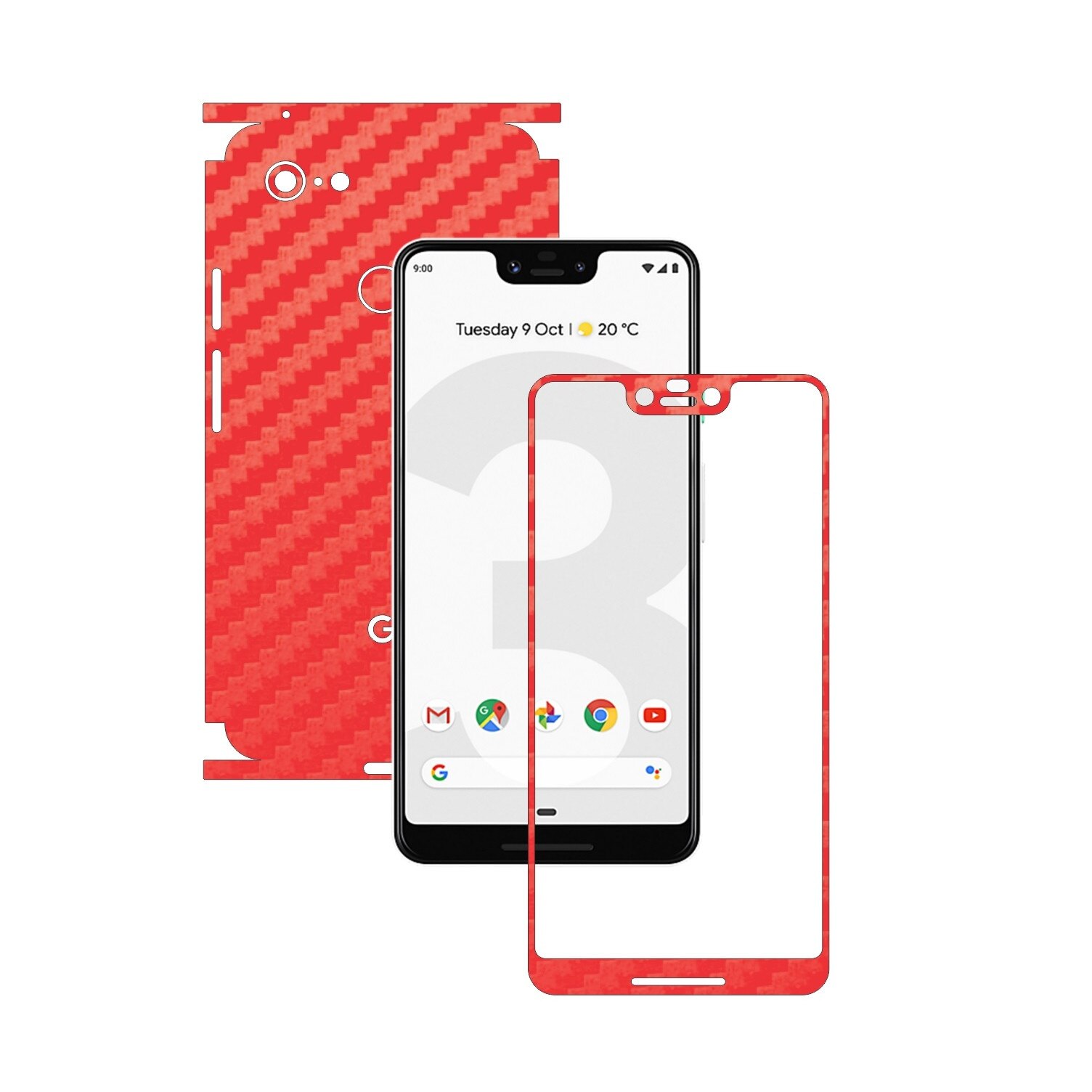 Folie Protectie Carbon Skinz pentru Google Pixel 3 XL - Carbon Rosu 360 Cut, Skin Adeziv Full Body Cover pentru Rama Ecran, Carcasa Spate si Laterale