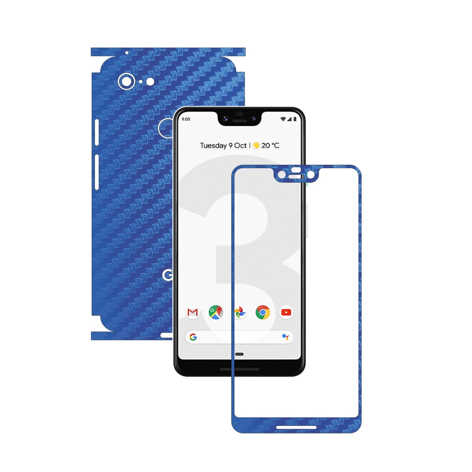 Folie Protectie Carbon Skinz pentru Google Pixel 3 XL - Carbon Albastru 360 Cut, Skin Adeziv Full Body Cover pentru Rama Ecran, Carcasa Spate si Laterale