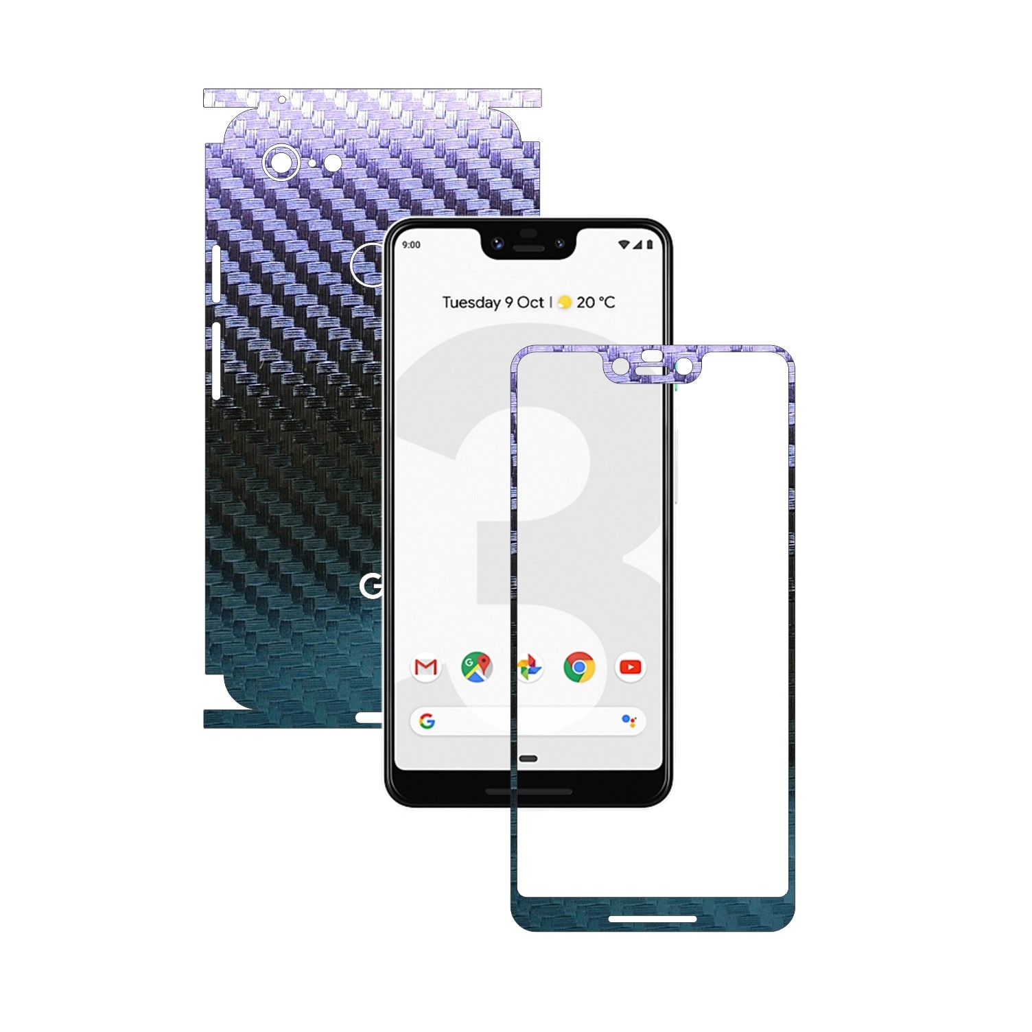 Folie Protectie Carbon Skinz pentru Google Pixel 3 XL - Carbon Cameleon 360 Cut, Skin Adeziv Full Body Cover pentru Rama Ecran, Carcasa Spate si Laterale