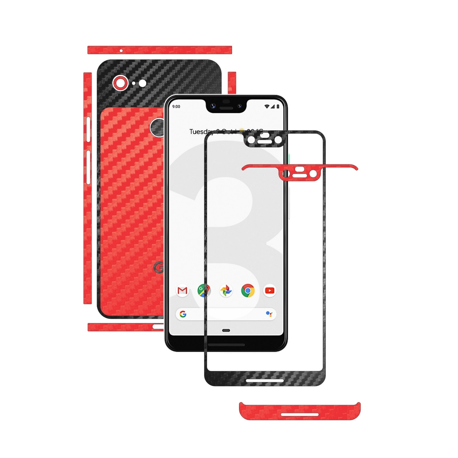 Folie Protectie Carbon Skinz pentru Google Pixel 3 XL - Carbon Two Tone Negru / Rosu, Skin Adeziv Full Body Cover pentru Rama Ecran, Carcasa Spate si Laterale