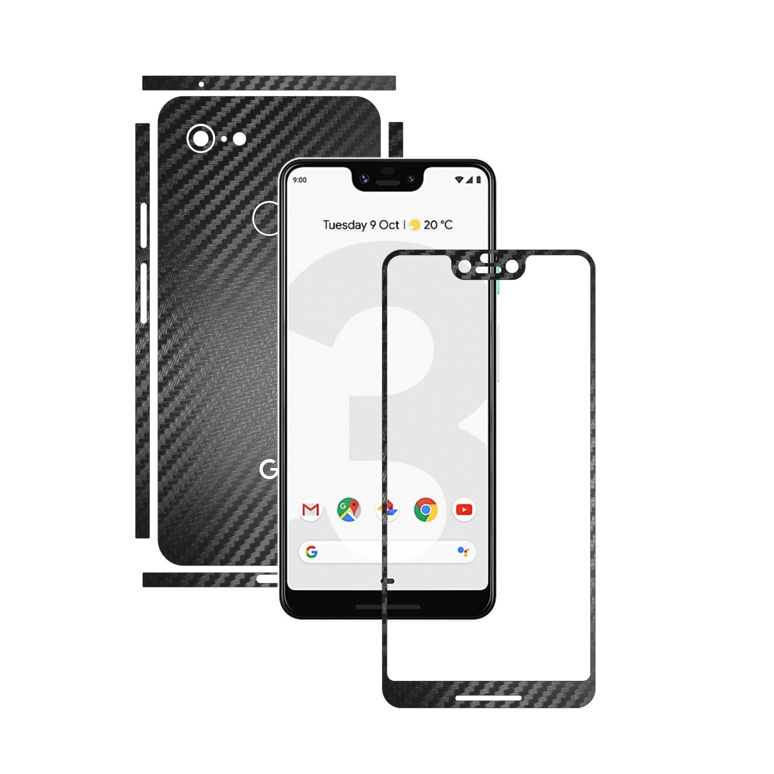 Folie Protectie Carbon Skinz pentru Google Pixel 3 XL - Carbon Negru Split Cut, Skin Adeziv Full Body Cover pentru Rama Ecran, Carcasa Spate si Laterale