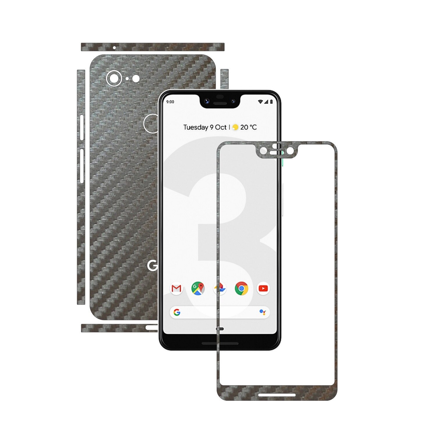 Folie Protectie Carbon Skinz pentru Google Pixel 3 XL - Carbon Gri Argintiu Split Cut, Skin Adeziv Full Body Cover pentru Rama Ecran, Carcasa Spate si Laterale