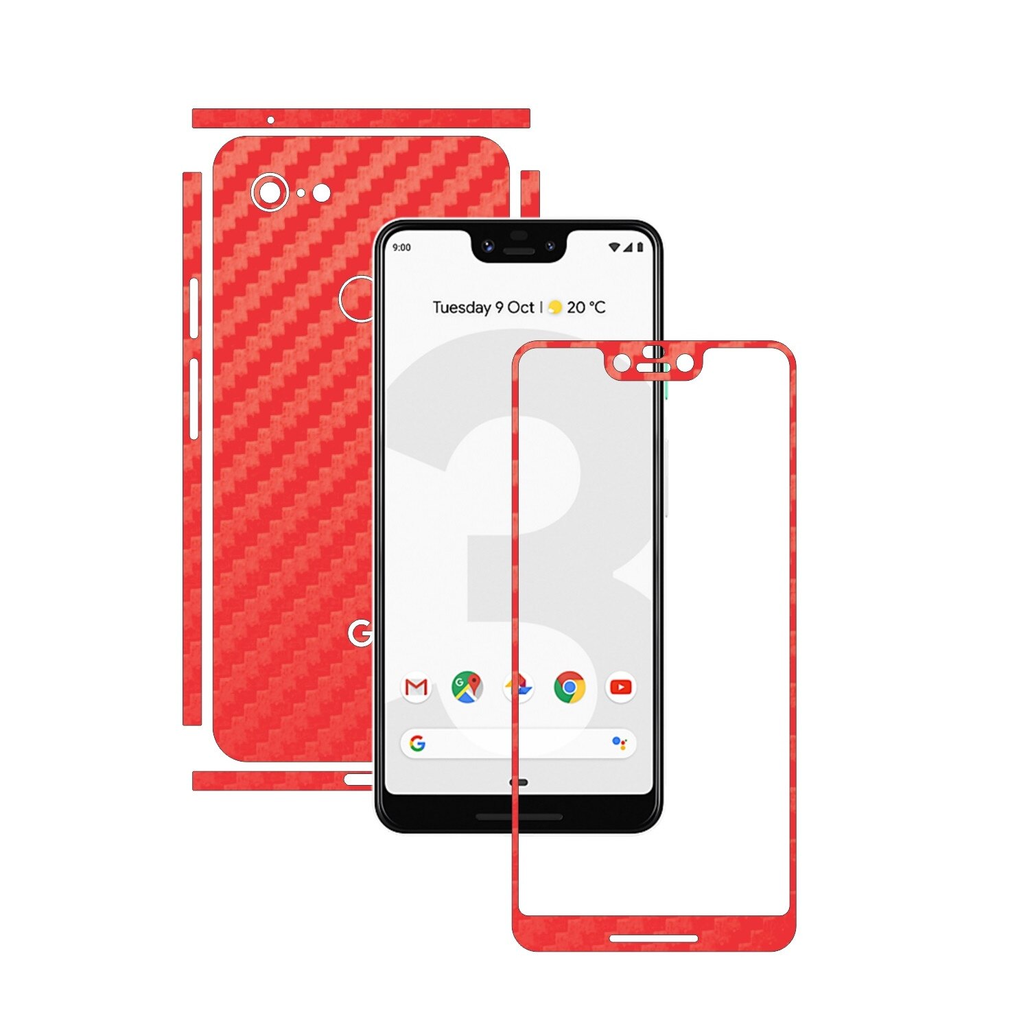 Folie Protectie Carbon Skinz pentru Google Pixel 3 XL - Carbon Rosu Split Cut, Skin Adeziv Full Body Cover pentru Rama Ecran, Carcasa Spate si Laterale