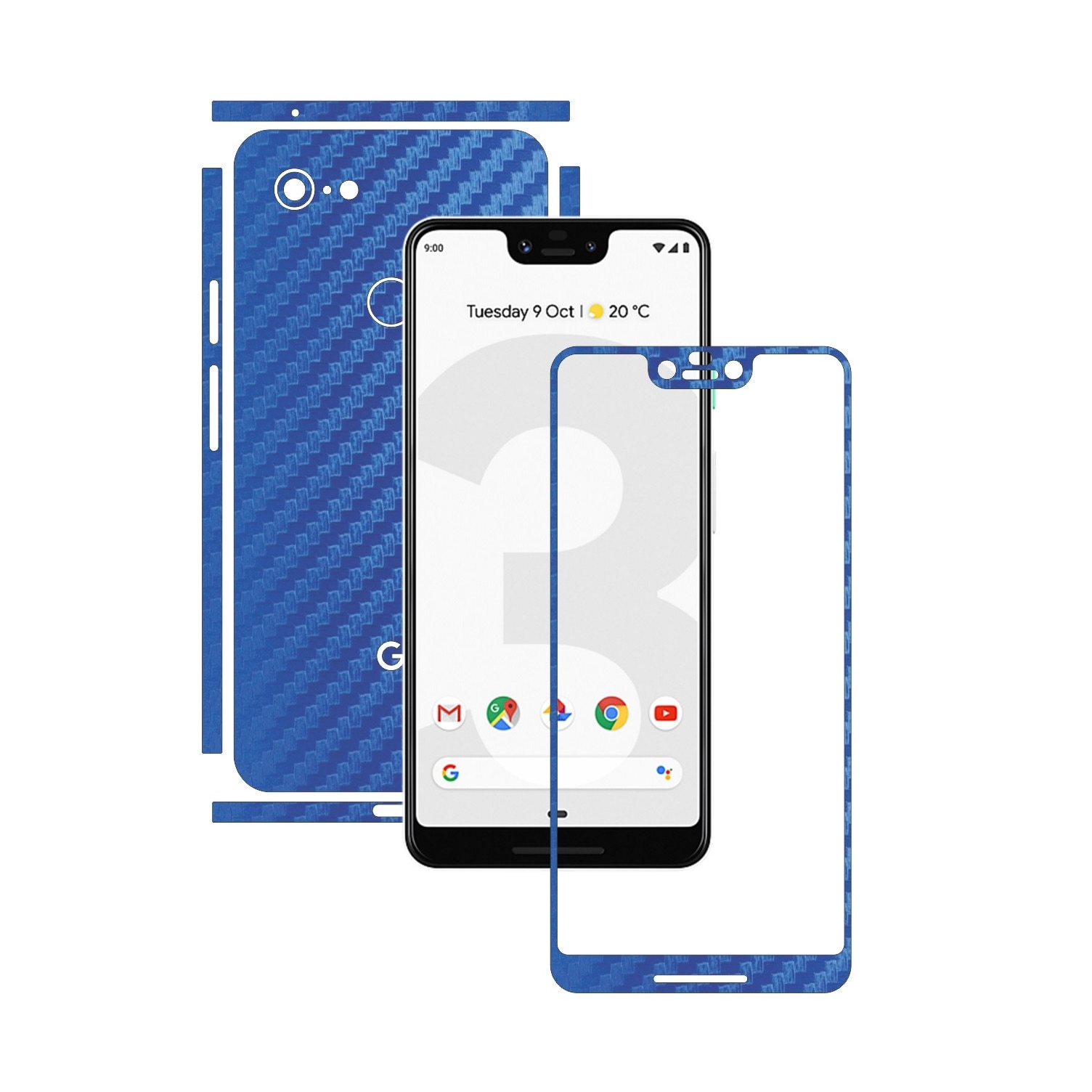 Folie Protectie Carbon Skinz pentru Google Pixel 3 XL - Carbon Albastru Split Cut, Skin Adeziv Full Body Cover pentru Rama Ecran, Carcasa Spate si Laterale