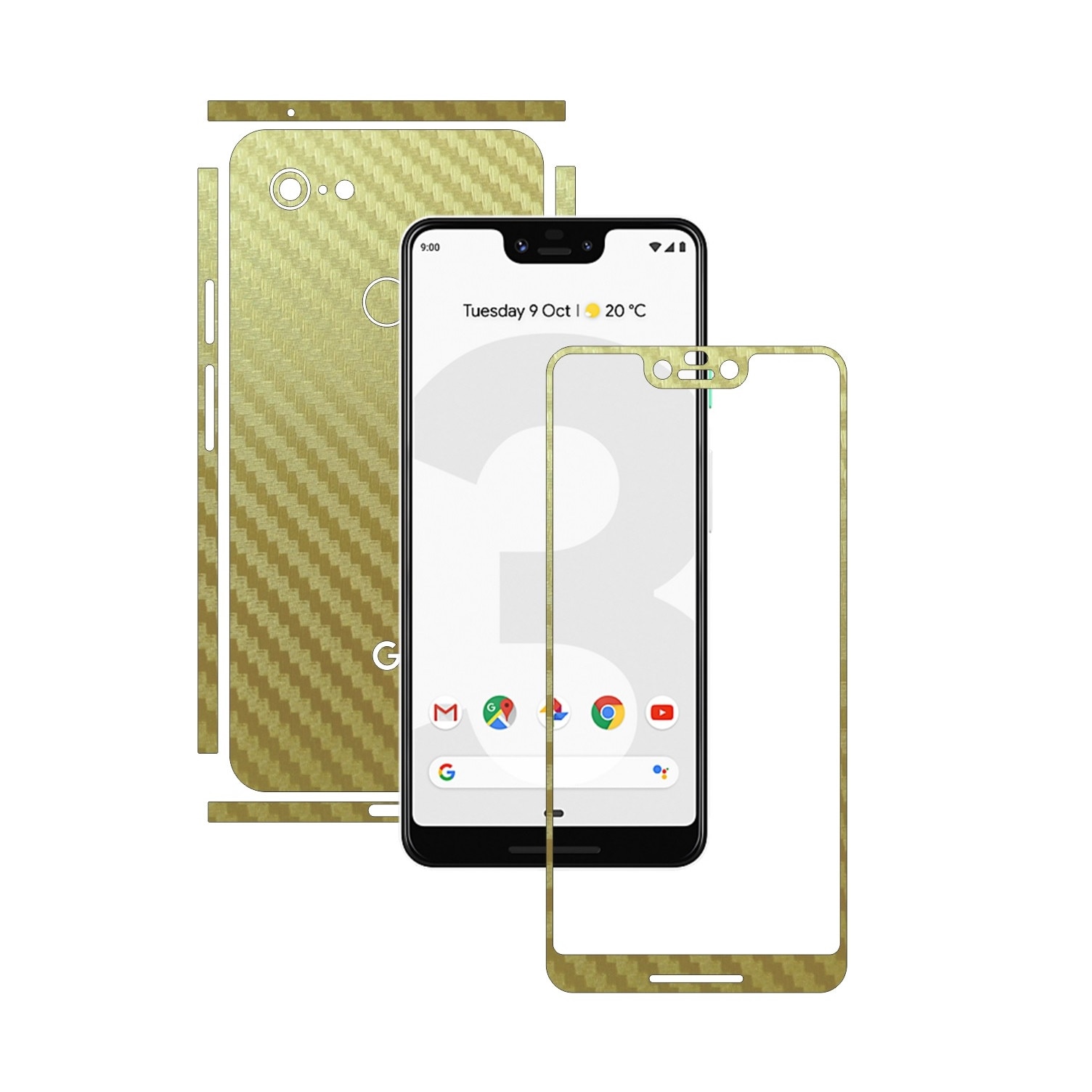 Folie Protectie Carbon Skinz pentru Google Pixel 3 XL - Carbon Auriu Split Cut, Skin Adeziv Full Body Cover pentru Rama Ecran, Carcasa Spate si Laterale