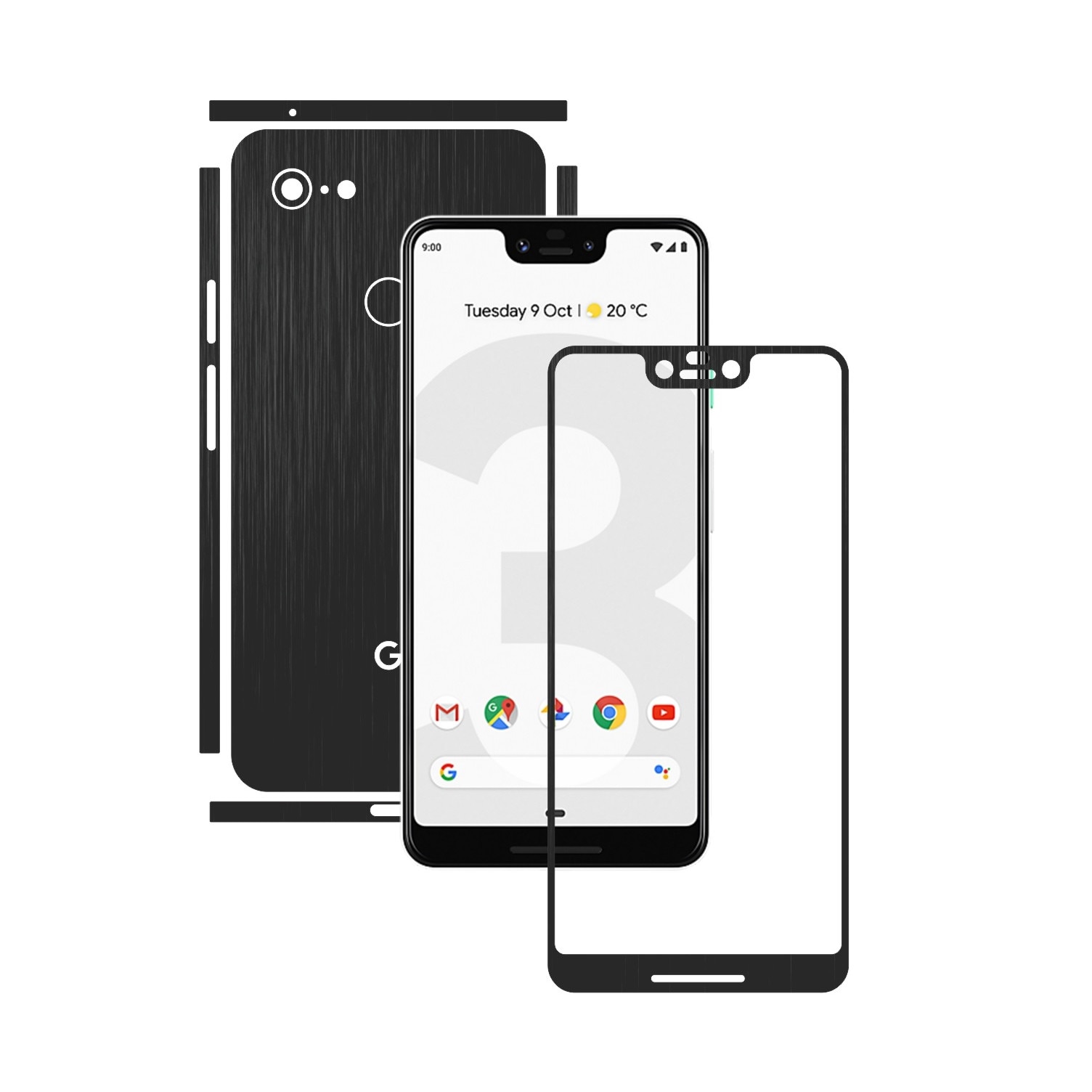 Folie Protectie Carbon Skinz pentru Google Pixel 3 XL - Brushed Negru Split Cut, Skin Adeziv Full Body Cover pentru Rama Ecran, Carcasa Spate si Laterale