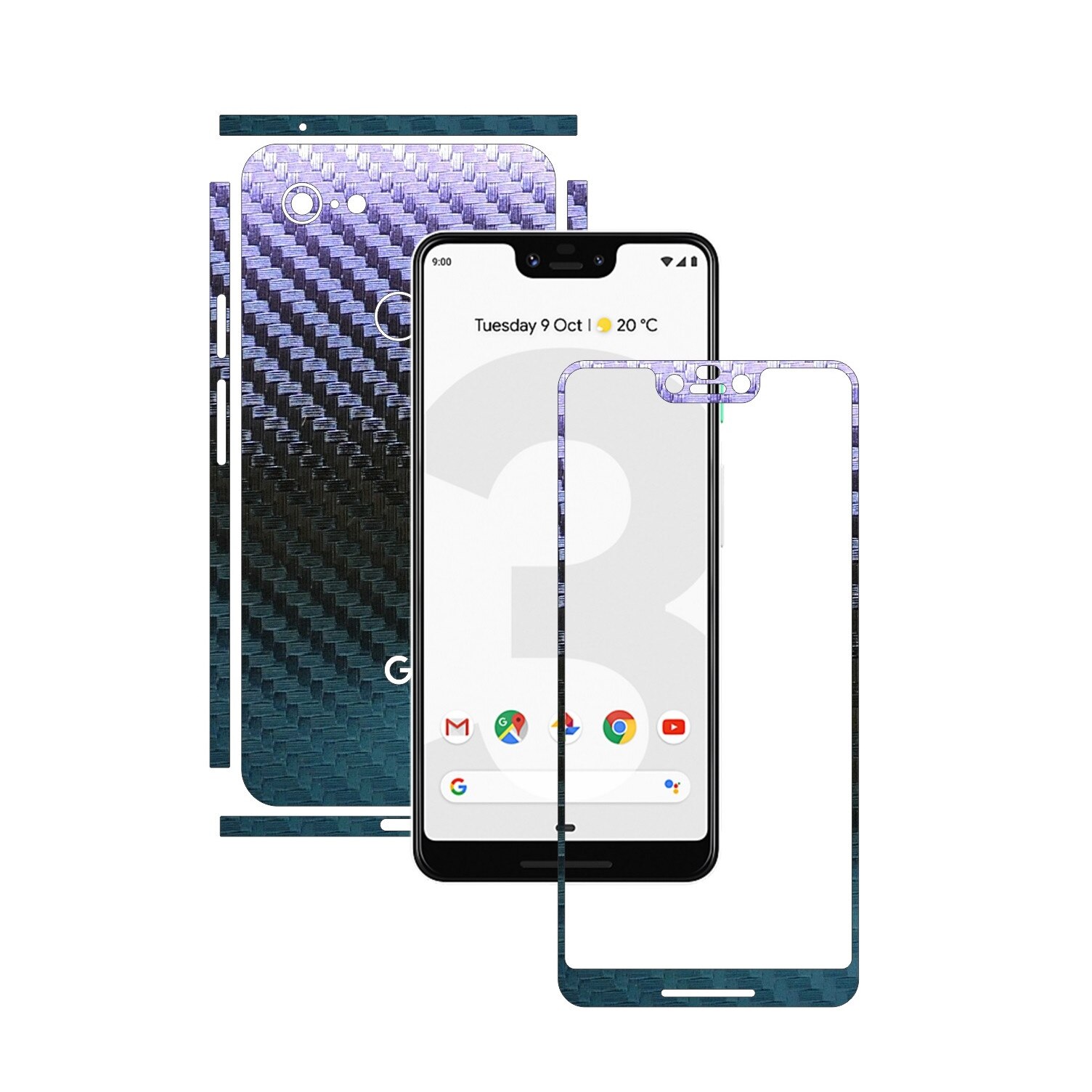 Folie Protectie Carbon Skinz pentru Google Pixel 3 XL - Carbon Cameleon Split Cut, Skin Adeziv Full Body Cover pentru Rama Ecran, Carcasa Spate si Laterale