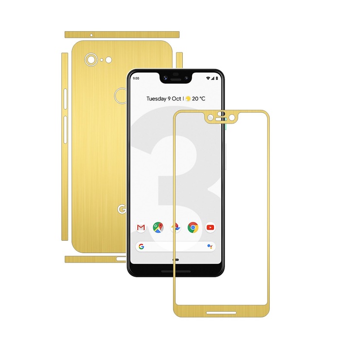 Carbon Skinz védőfólia a Google Pixel 3 XL telefonhoz – szálcsiszolt arany hasított vágás, teljes testet fedő tapadó bőr képernyőkerethez, hát- és oldaltokhoz